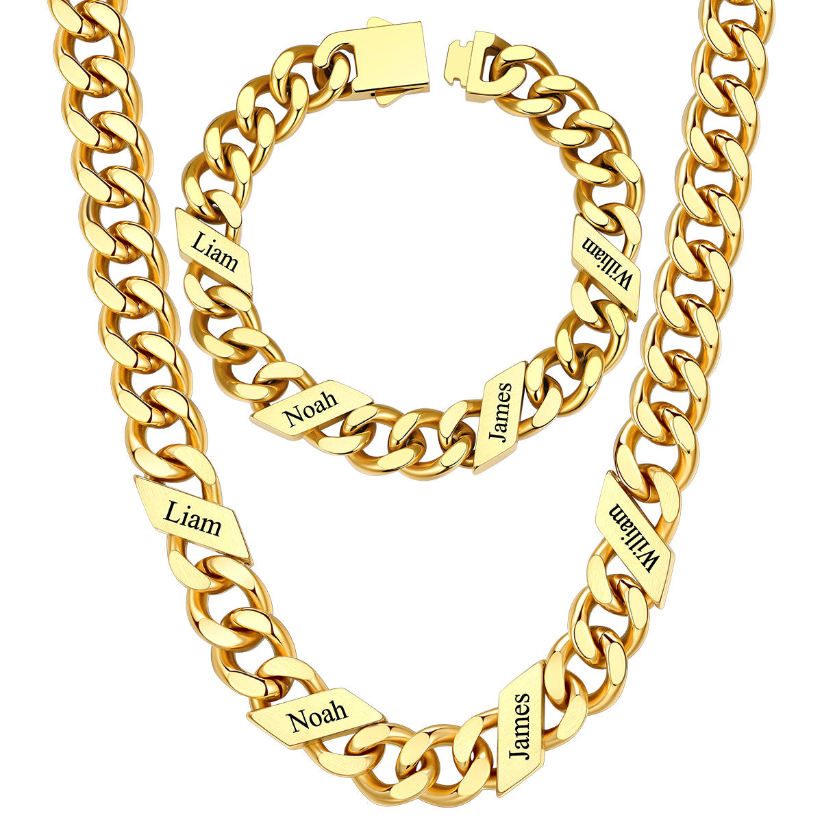 12mm Custom 4 name Name Cuban Link Necklace Bracelet Set on a white background Gold Plated