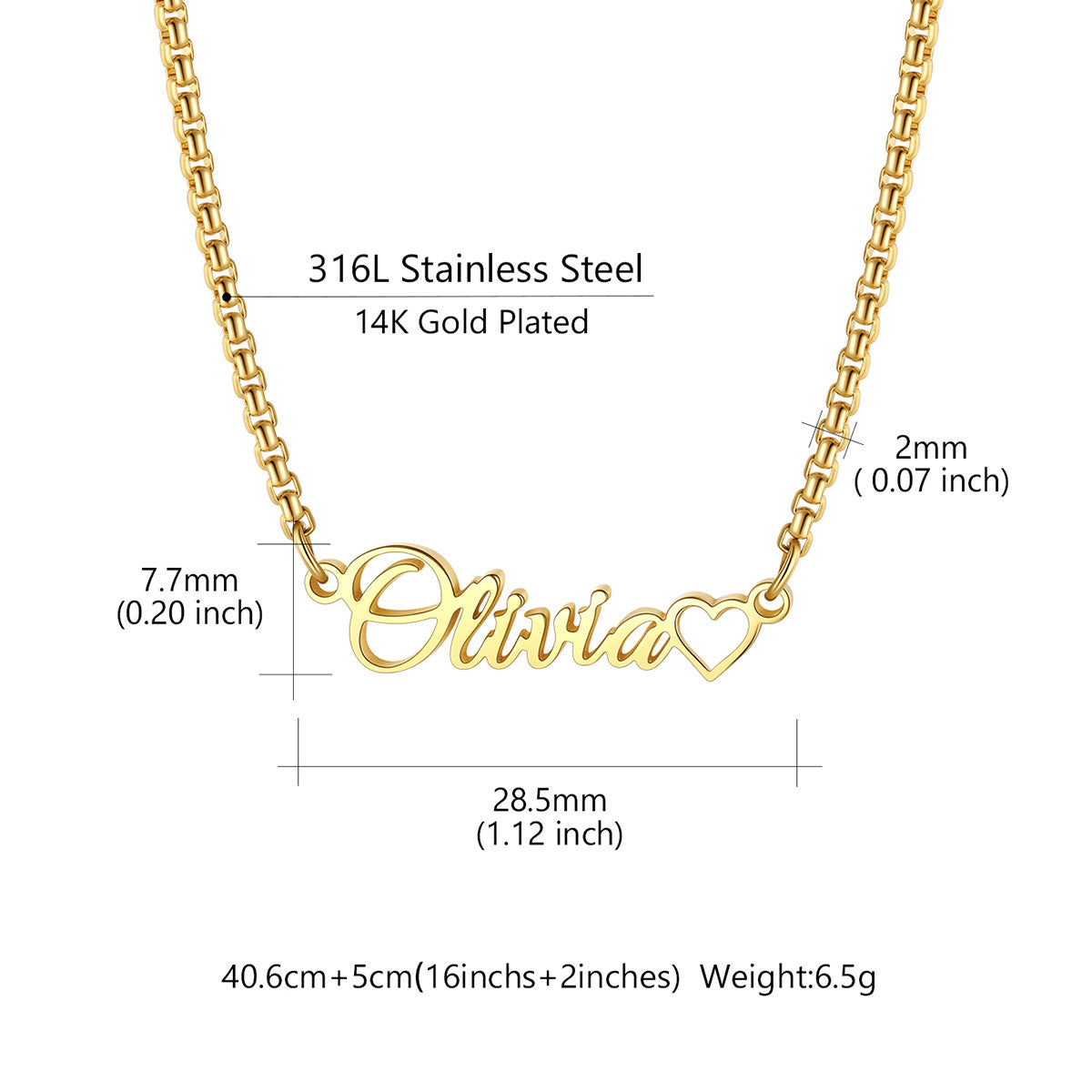 Custom Name Box Chain Necklace with Tiny Heart for Women