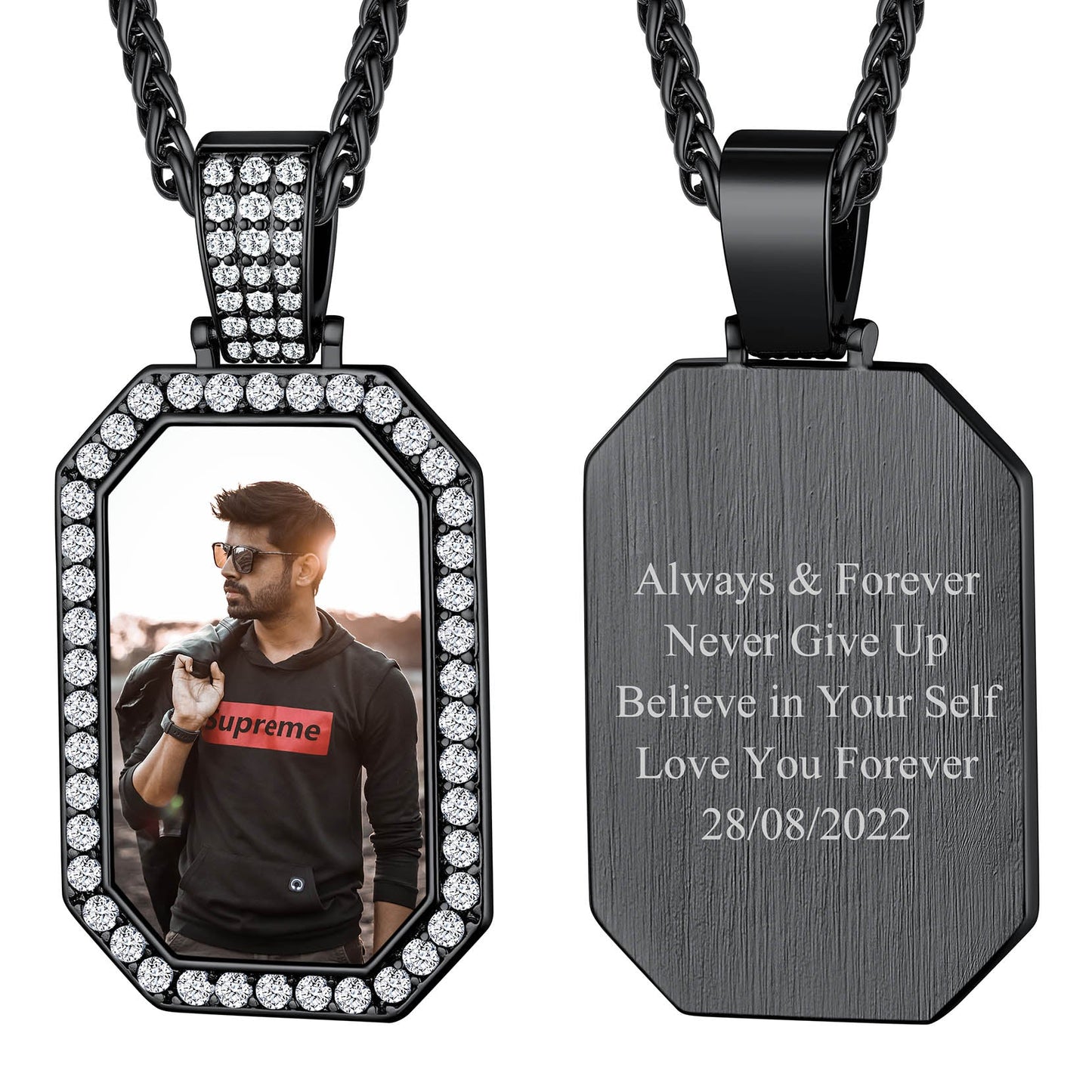 Personalized Cubic Zirconia Octagonal Tag Pictures Necklace for Men Women-test