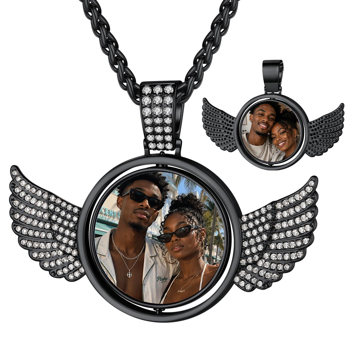 Personalized Angel Wings Rotatable Picture Necklace