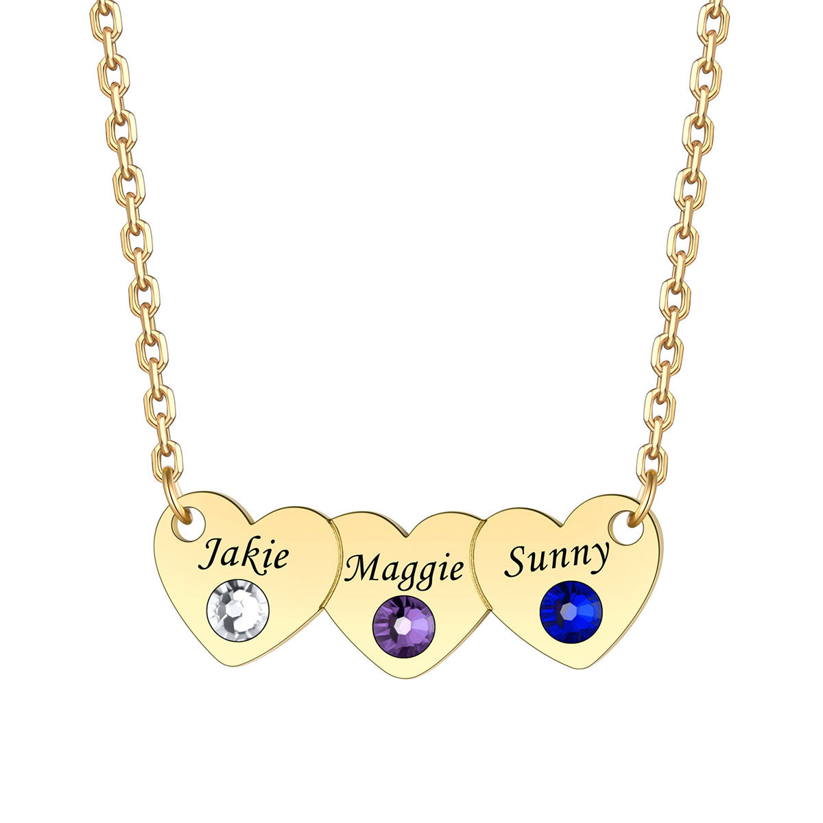 3 Hearts Name Birthstone Necklace Gold Plated