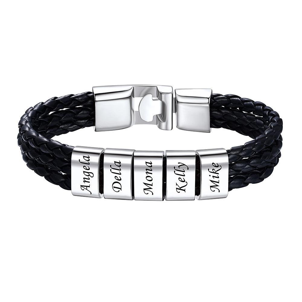5 Name Beads Leather Braided Layer Bracelet