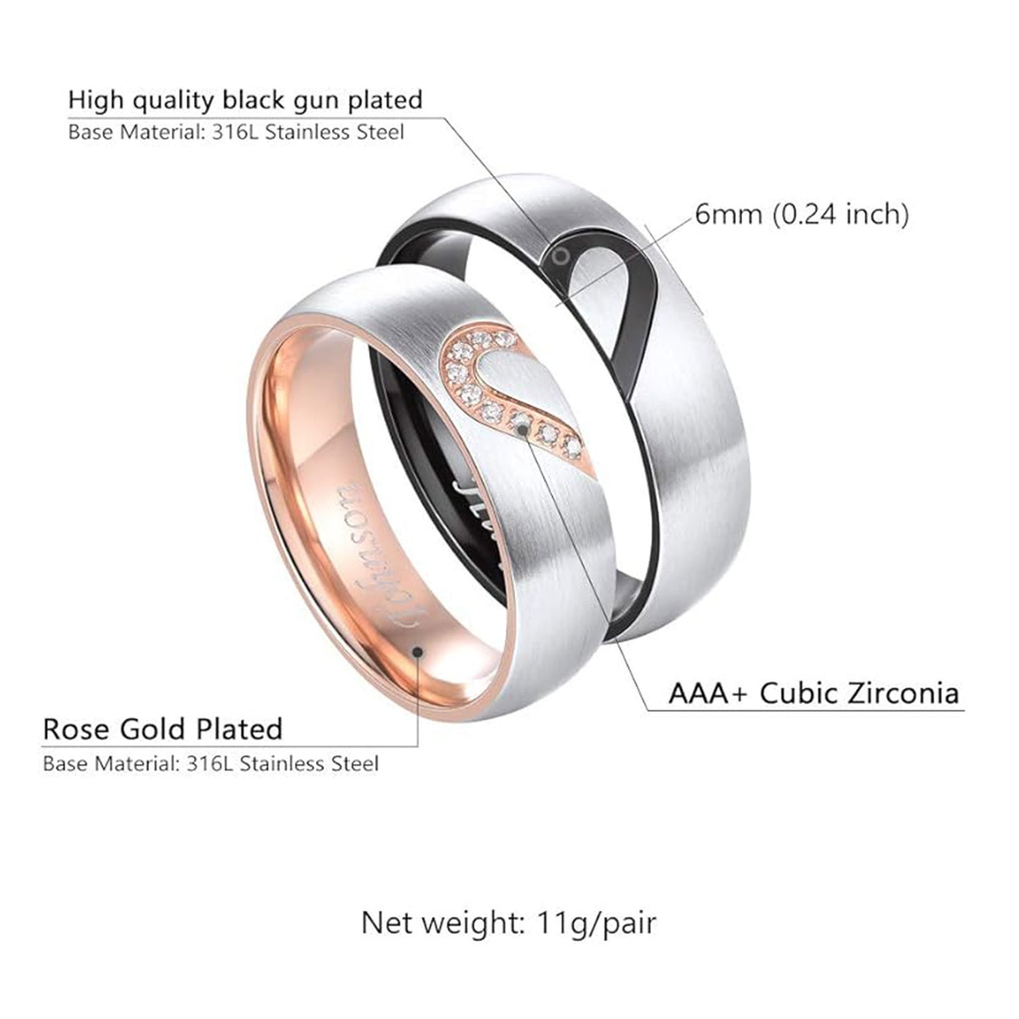 Bagues de promesse personnalisées assorties en forme de cœur pour couple