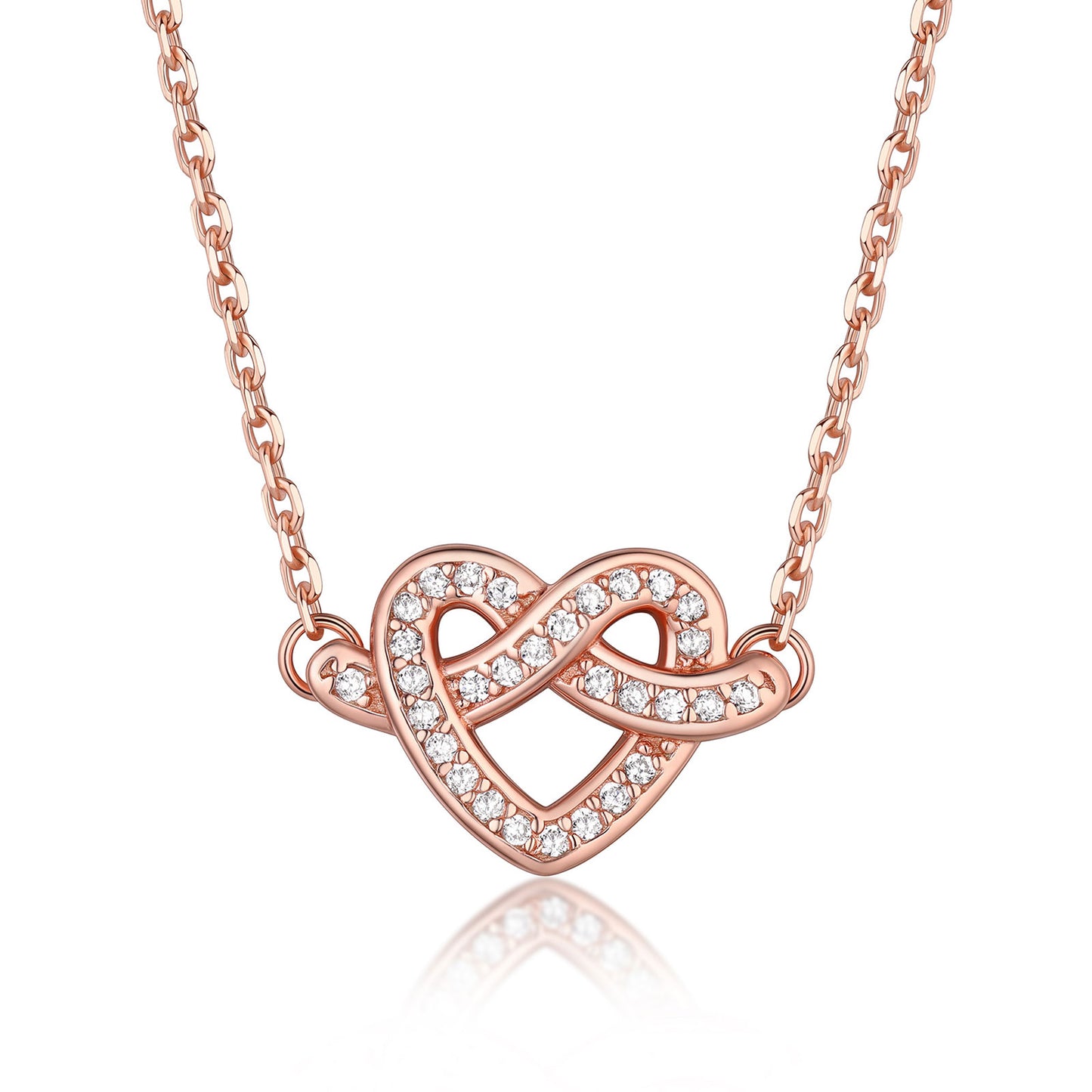 925 Sterling Silver CZ Heart Love Knot Necklace Rose Gold Plated