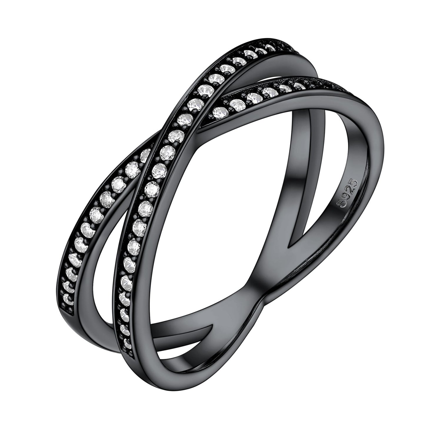 925 Sterling Silver Criss Cross X Eternity Promise Ring Black