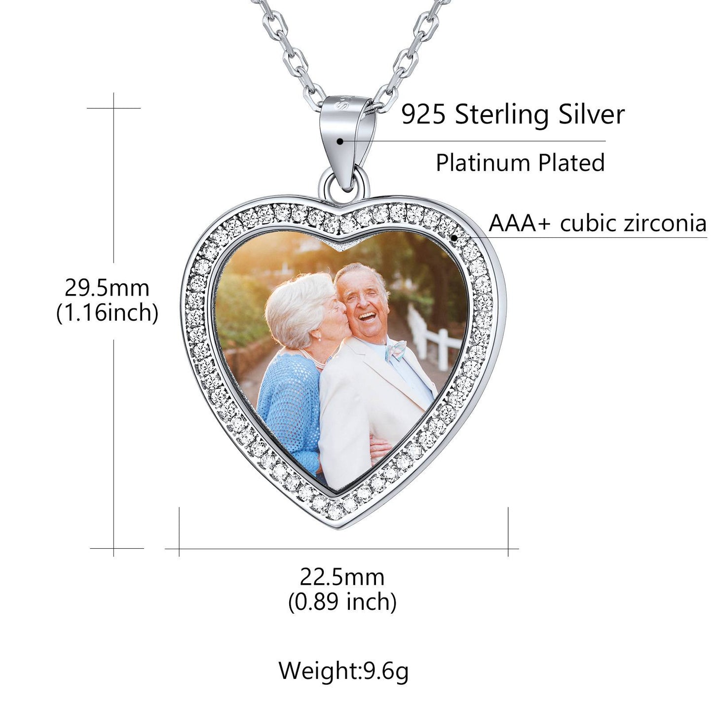 925 Sterling Silver Custom Heart Picture Necklace With Cubic Zirconia Size