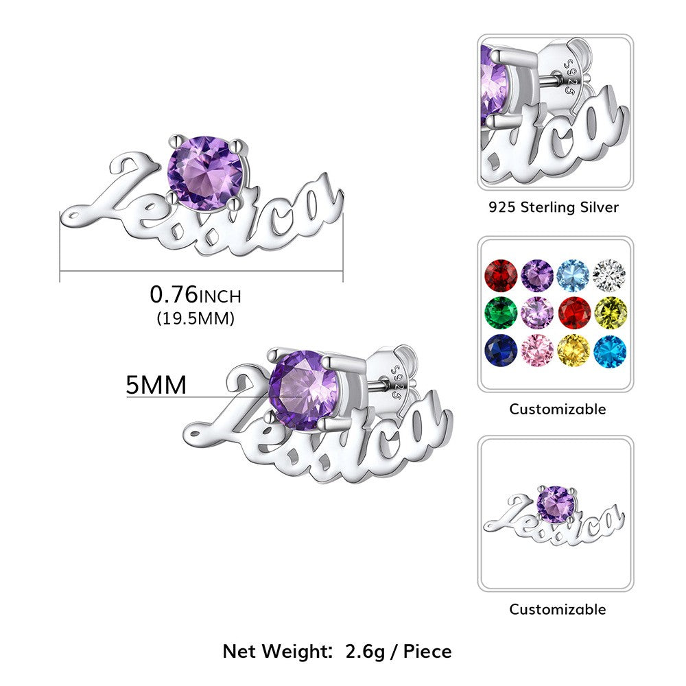 925 Sterling Silver Custom Name Birthstone Stud Earrings Size