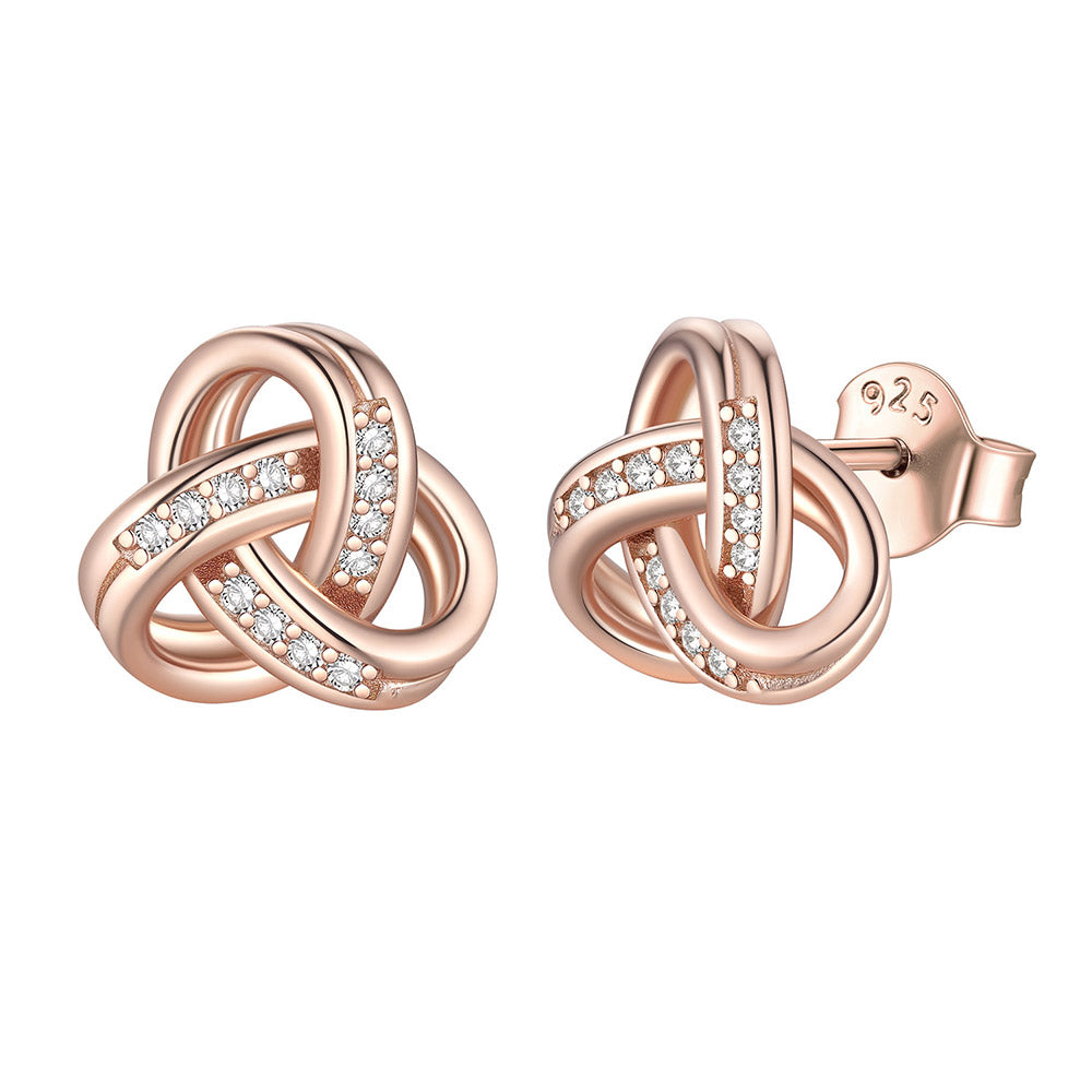925 Sterling Silver Triple Love Knot Stud Earrings for Women Rose Gold Plated