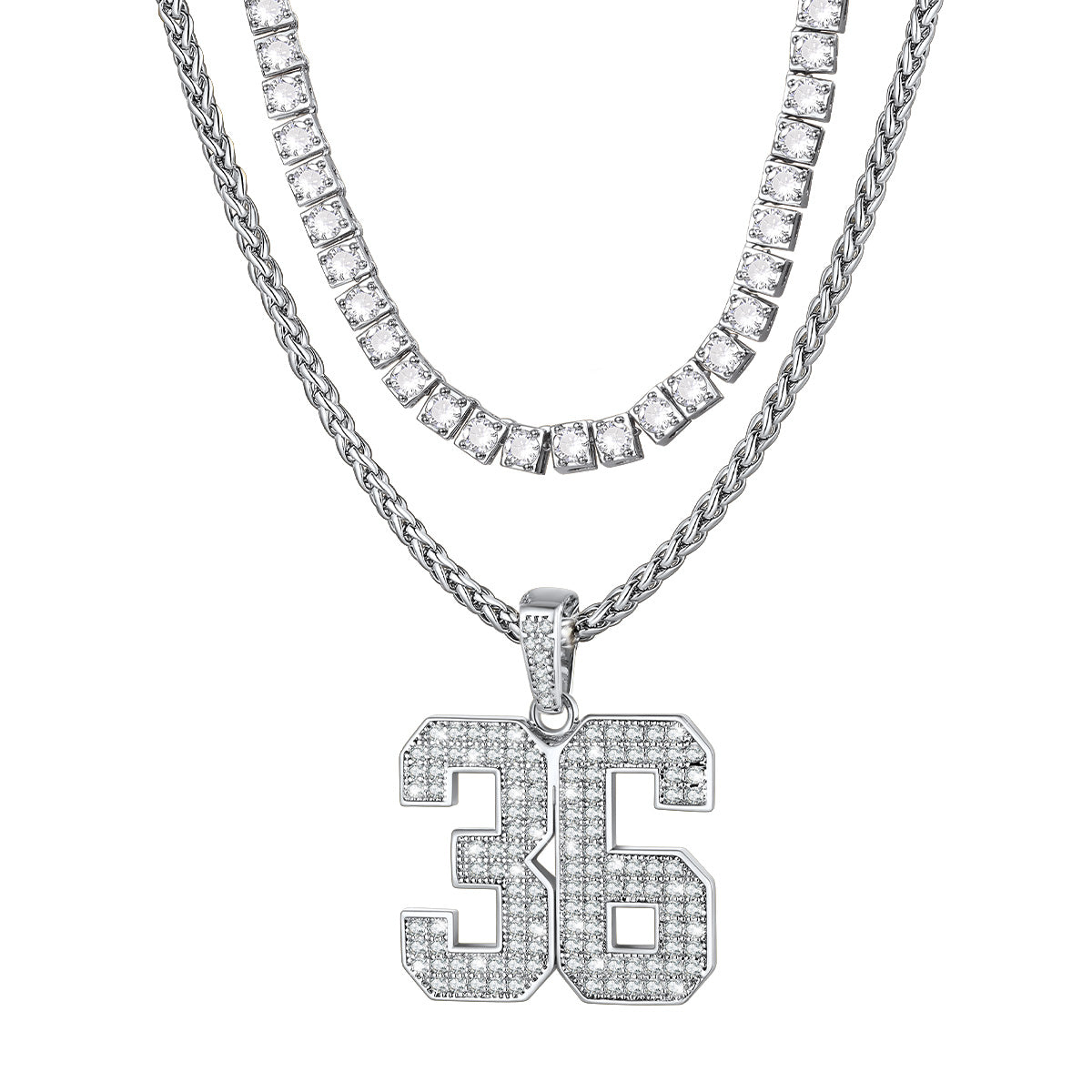 A Man Wearing CZ Tennis Chain & Personalized Number Necklaces Set in white gold plated