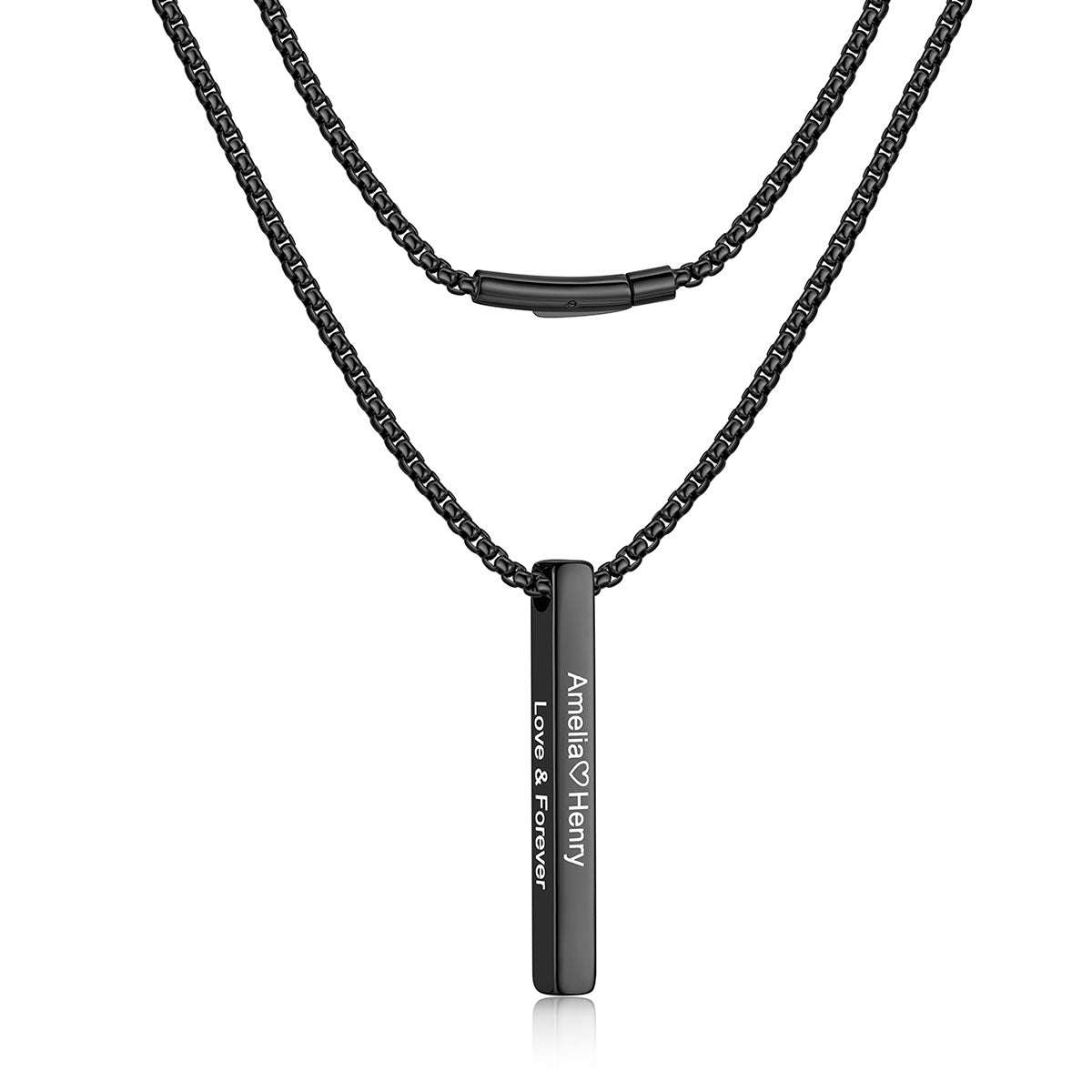 A black double-layer bar necklace featuring a textured chain and a vertical bar pendant engraved with 'Angie & Henry Love & Forever'.