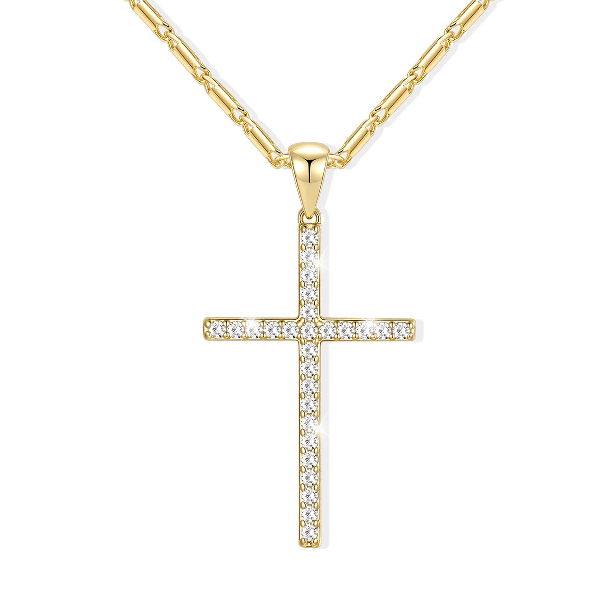 A gold cross necklace with clear pavé stones, suspended from a gold paperclip chain against a solid white background.