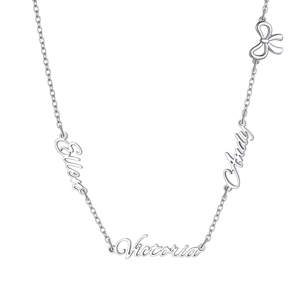 A silver name necklace featuring the names 'Elowen', 'Clary', and 'Victoria' in cursive script, with a small bow charm at the top, shown on a plain white background.