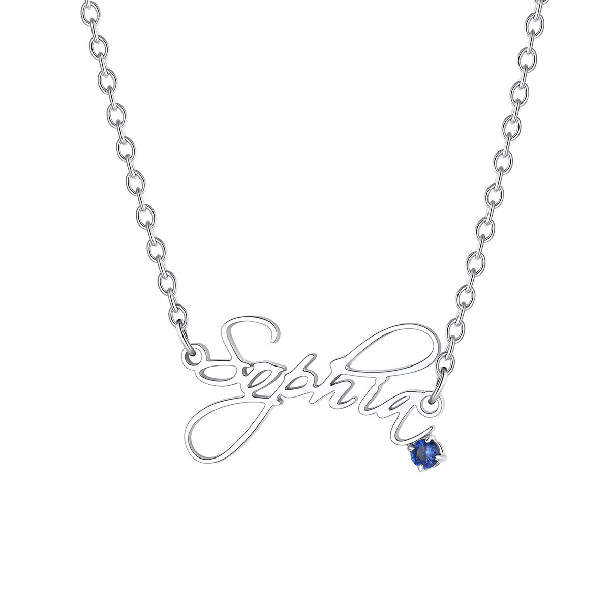 A silver script nameplate necklace spelling 'Sophia' with a small blue gemstone accent, shown on a clean white background.