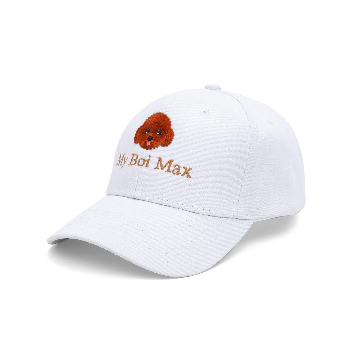 A white pet baseball cap featuring an embroidered brown poodle face and the text 'My Boi Max' in brown on the front panel, shown against a plain white background.