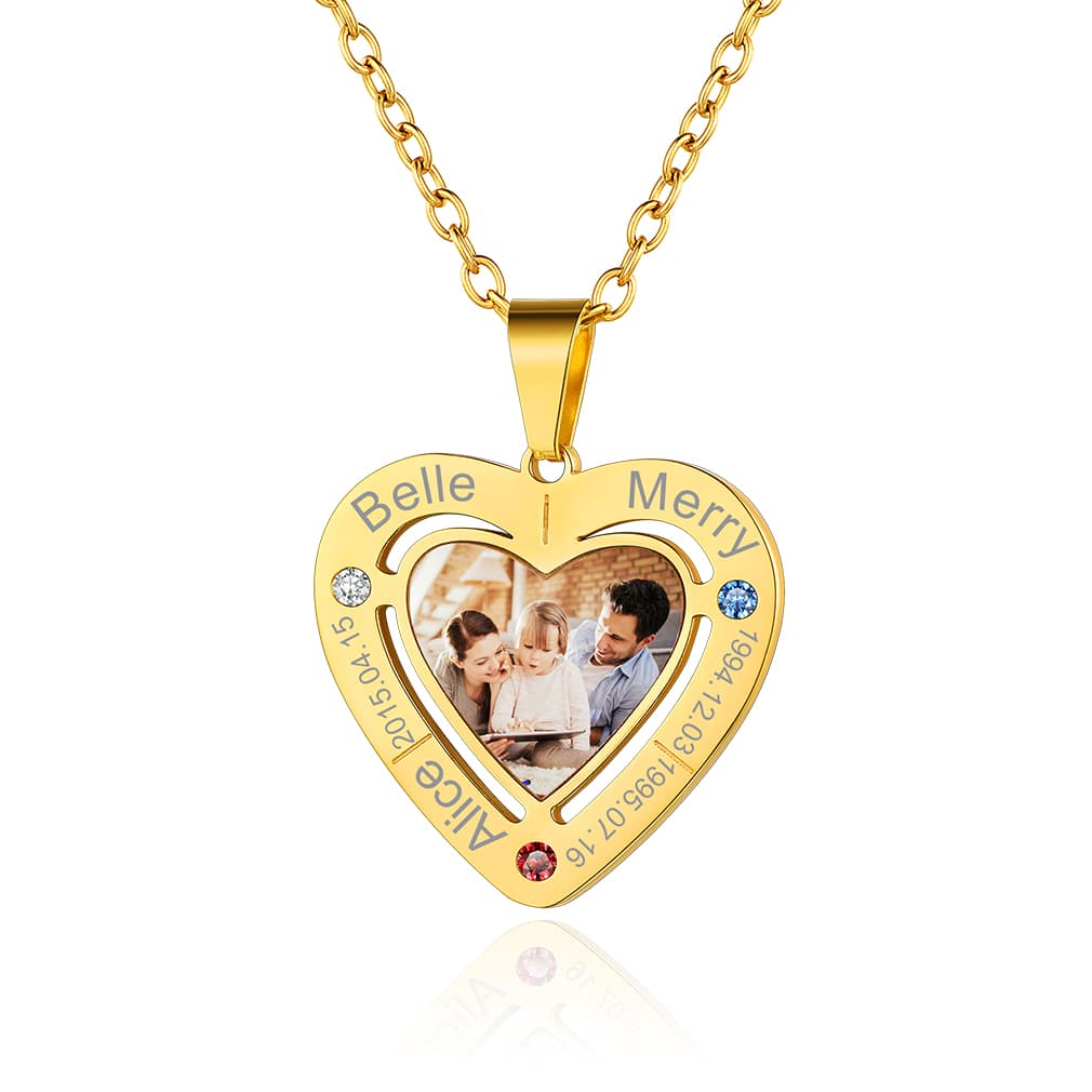 Birthstonesjewelry Heart 3 Birthstone Photo Necklace Gold Plated