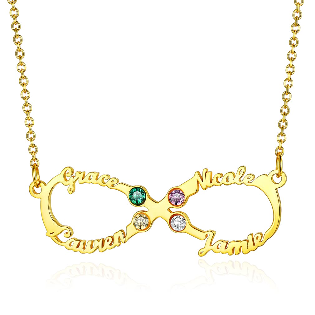 Birthstonesjewelry Infinity Birthstone Necklace with 4 Names Gold