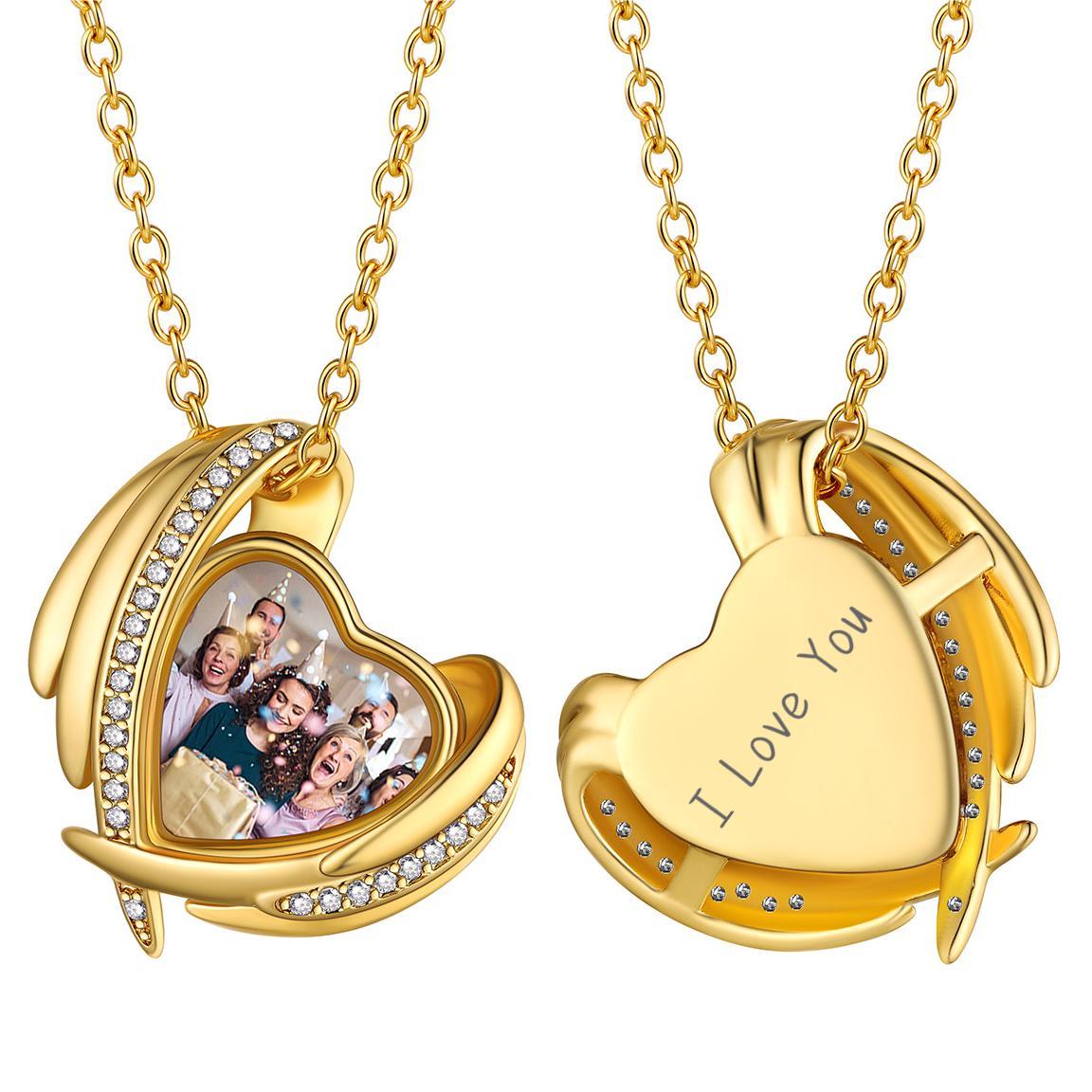 Birthstonesjewelry Personalized Heart Angel Wing Necklace with Photo Gold