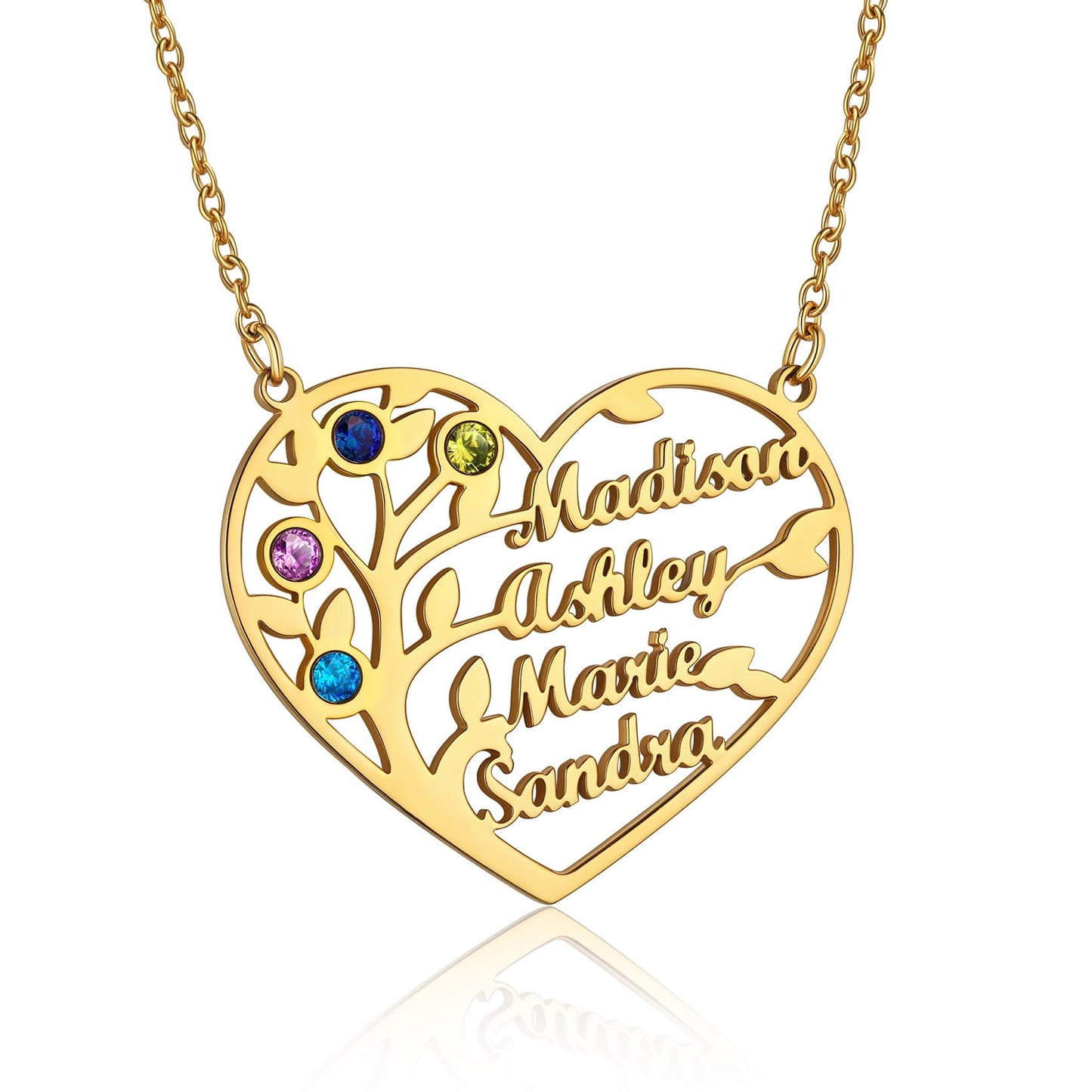 Birthstonesjewelry Personalized Heart Birthstone Necklace 4 Name Gold