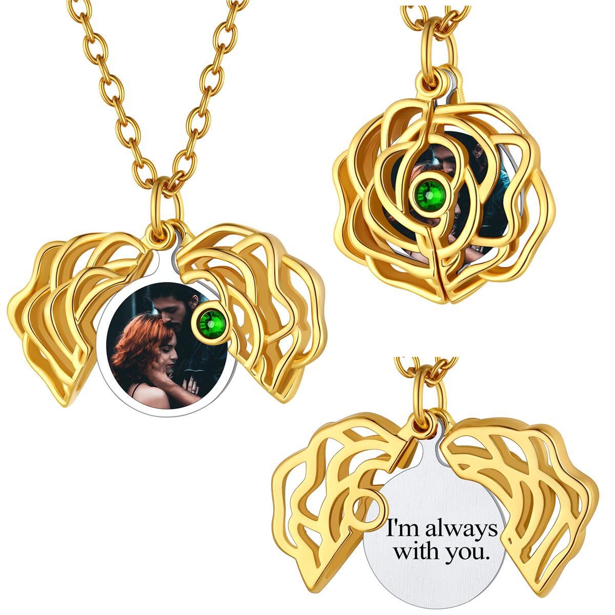 Birthstonesjewelry Personalized Rose Flower Locket Necklace Gold