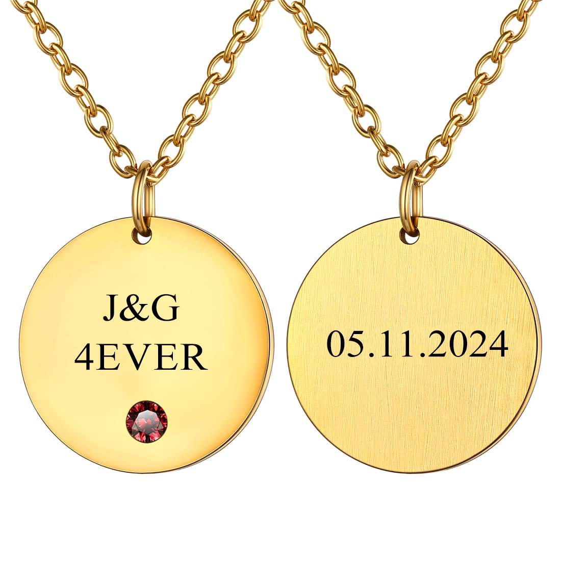Engraved Name Round Tag Disc Necklace with Birthstone