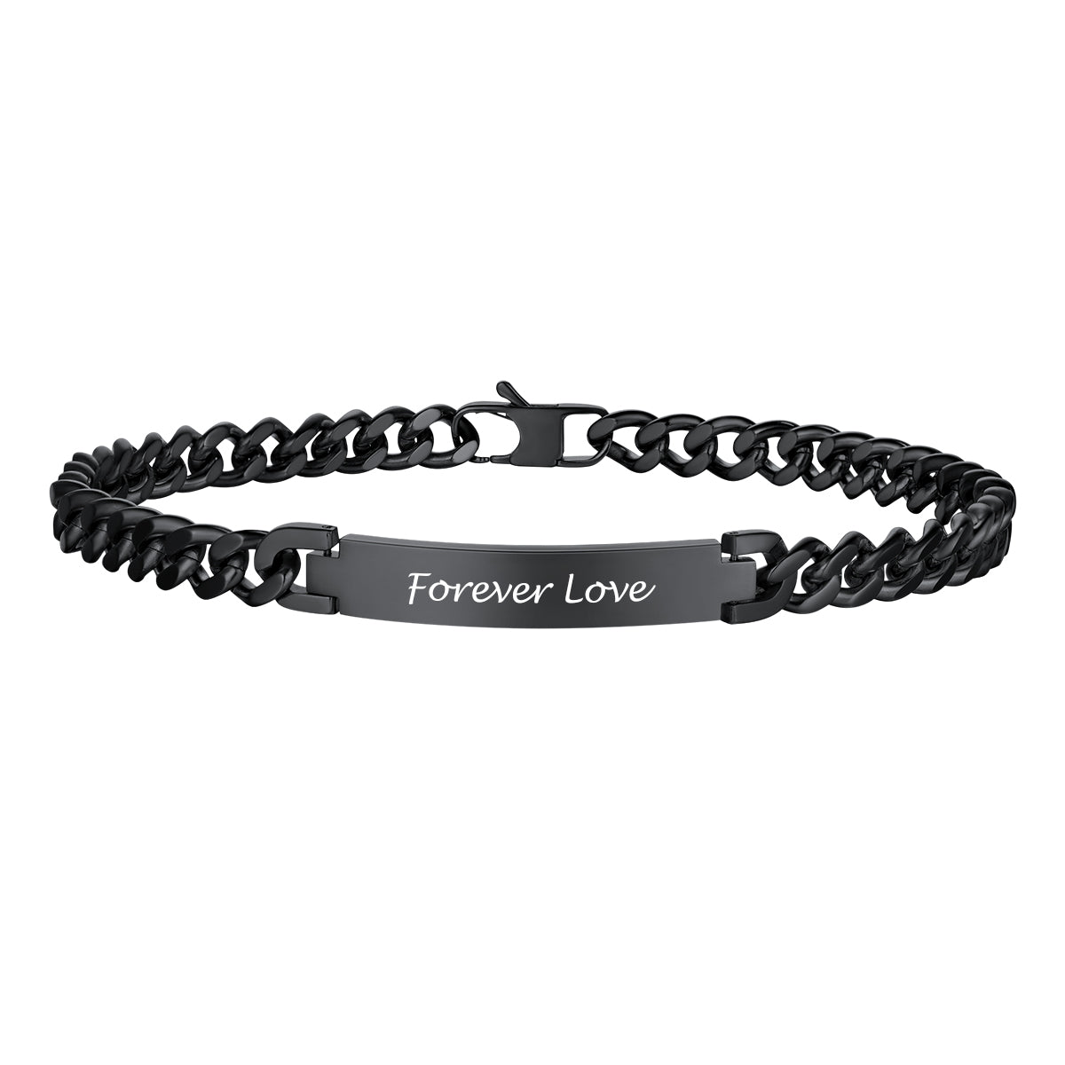 Black Cuban chain necklace with 'Forever Love' engraving on a white background