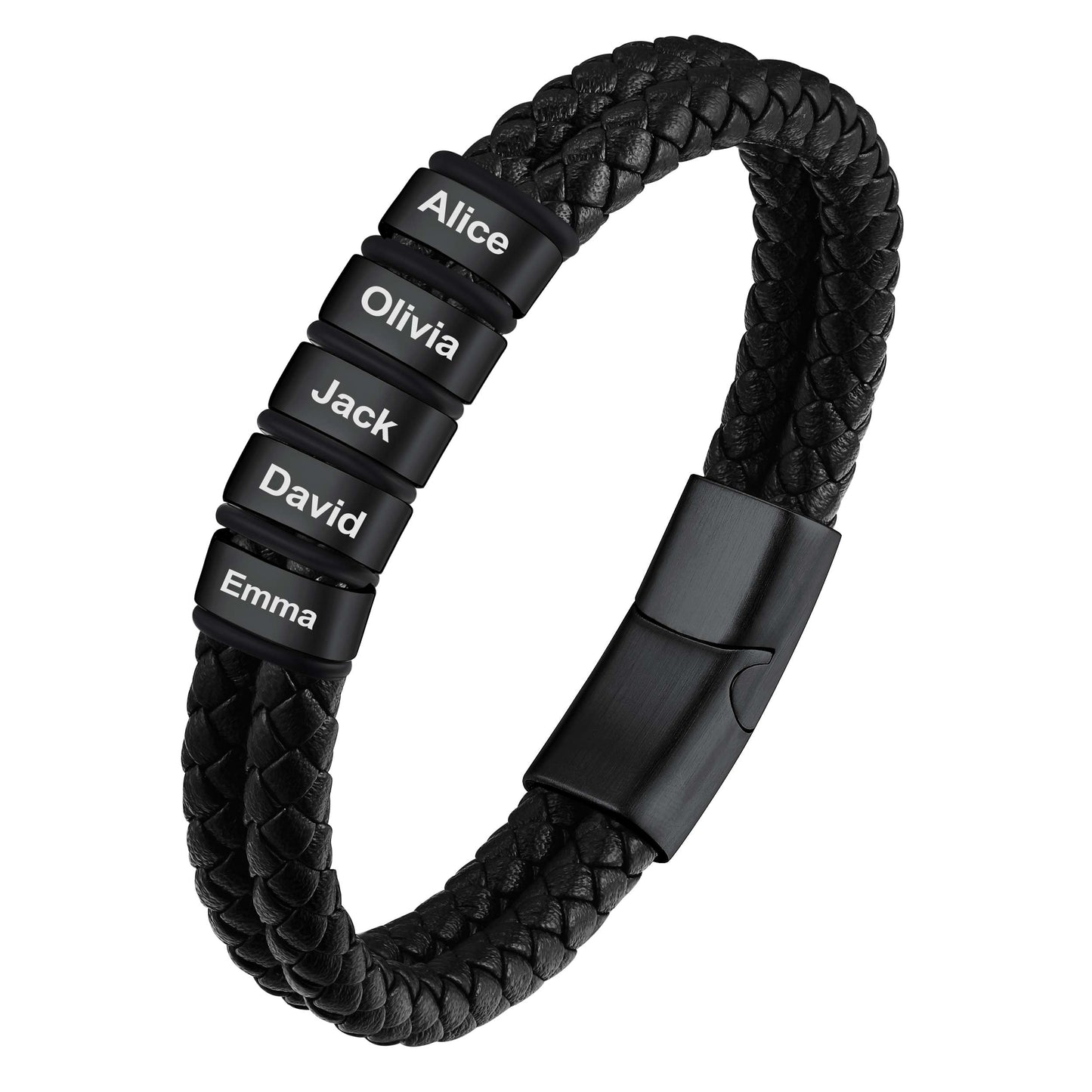 Black Custom Braided Leather Bracelet with Name 5 Beads on a white background