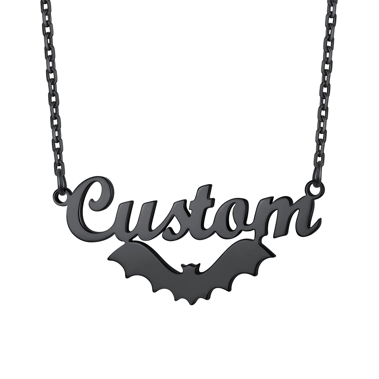 Black Custom name necklace with bat design on a white background
