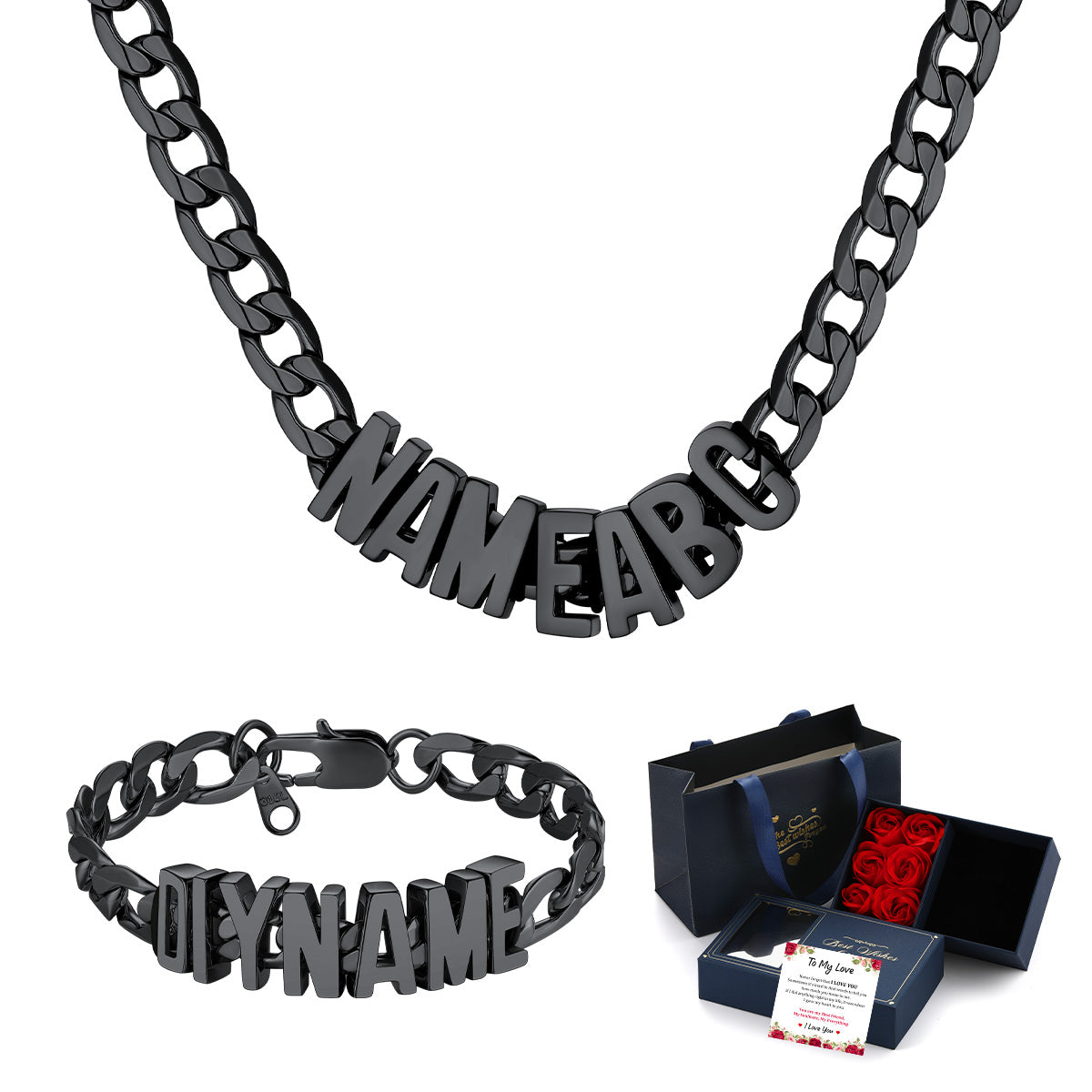 Black Personalized Initial Name Cuban Link Necklace and Bracelet Set on a white background