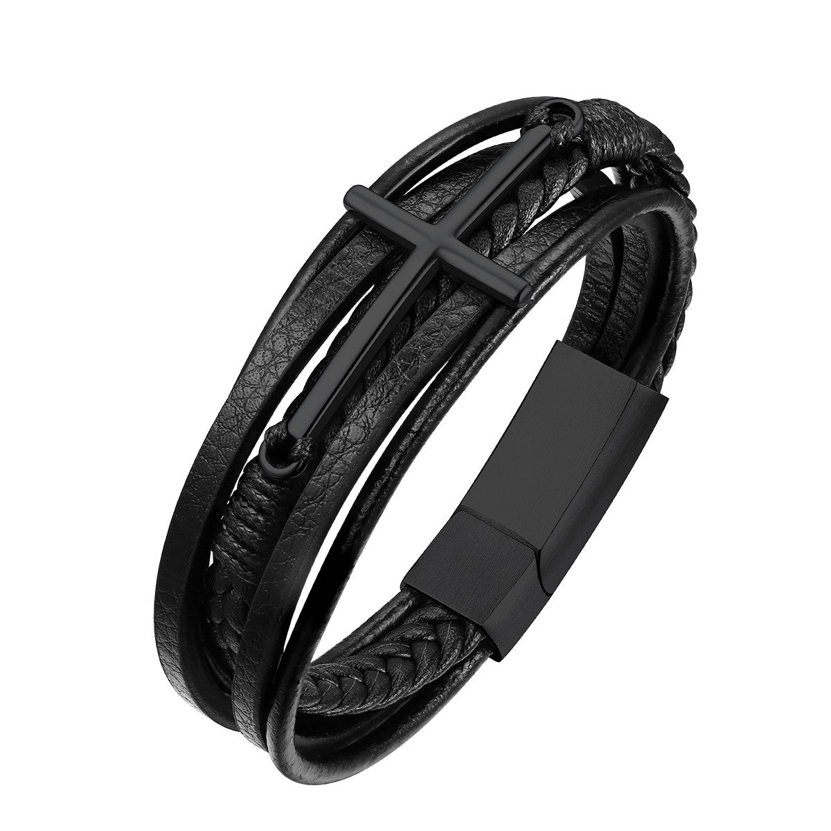Black Plated Leather Bracelet for Men