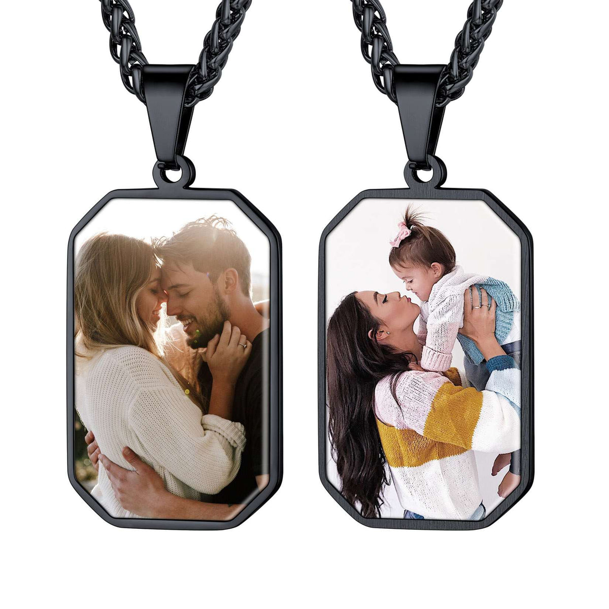 Black Plated Stainless Steel Custom Double-Sided Photo Octagon Dog Tag Necklace on a white background