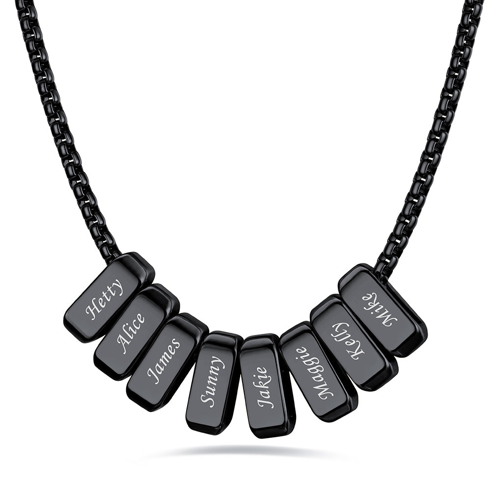 Black engraved name necklace with 8 name bars on a white background
