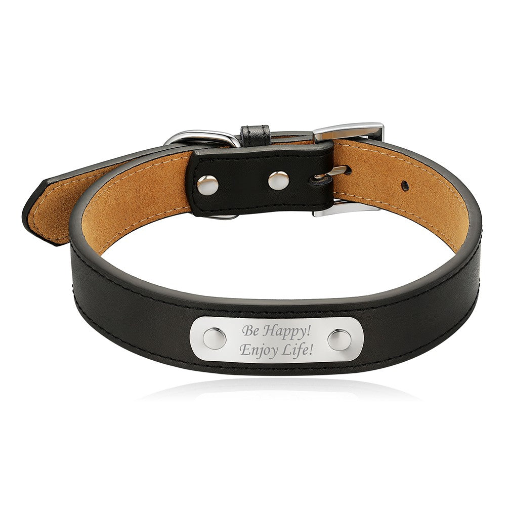 Black leather dog collar with a custom tag