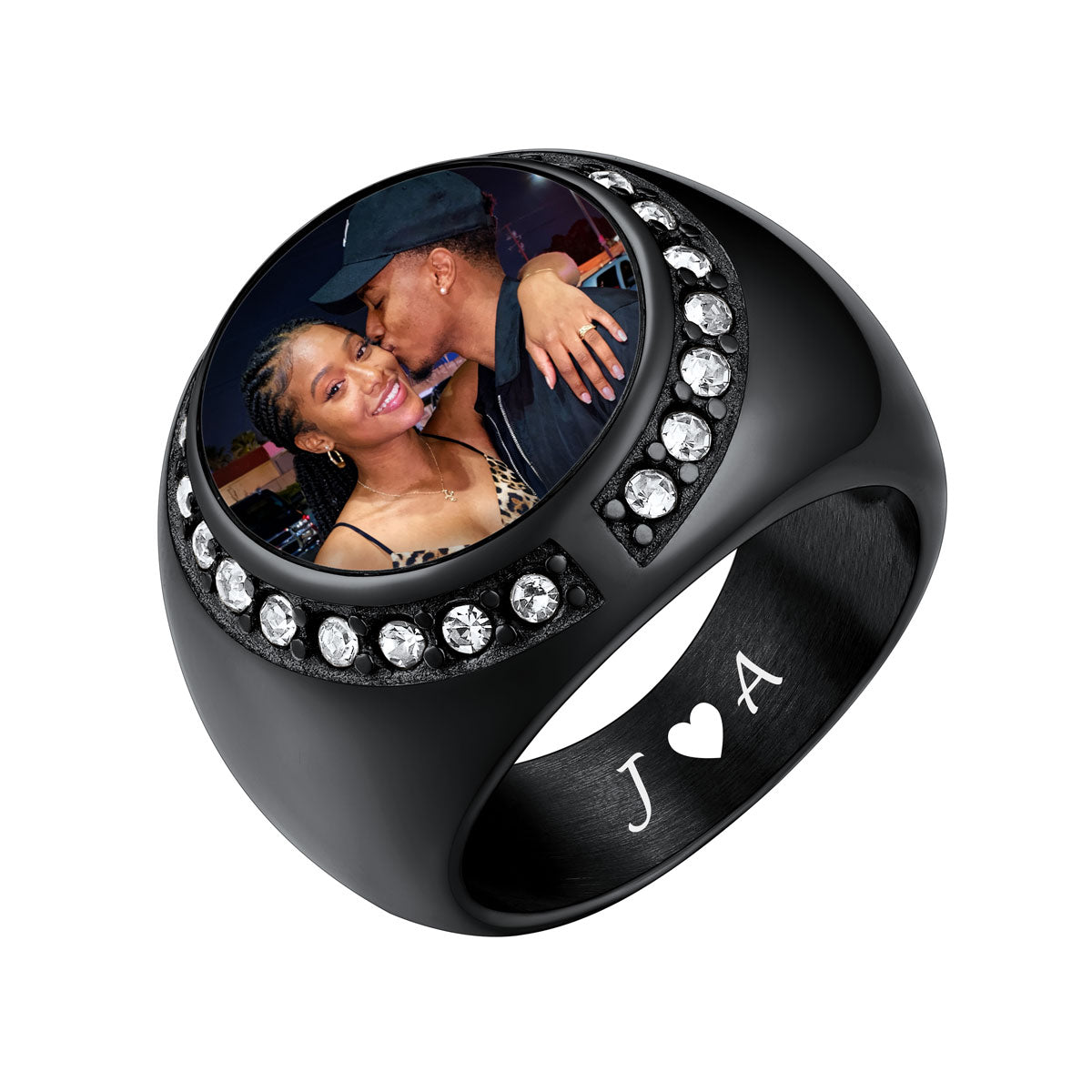 Black picture signet ring with a heart-shaped photo insert of a man and a child, and 'Love Dad' engraving.