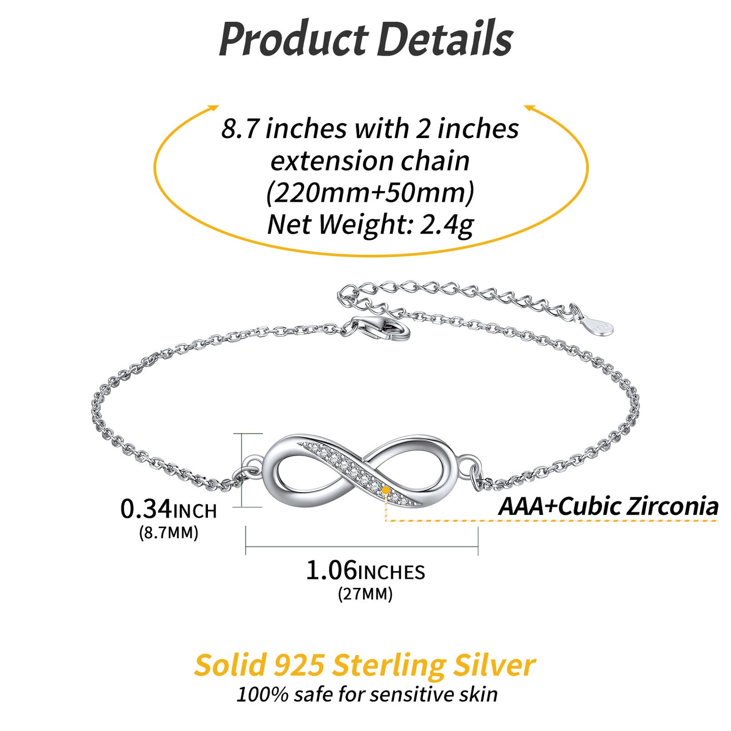 925 Sterling Silver Infinity Anklet With Cubic Zirconia