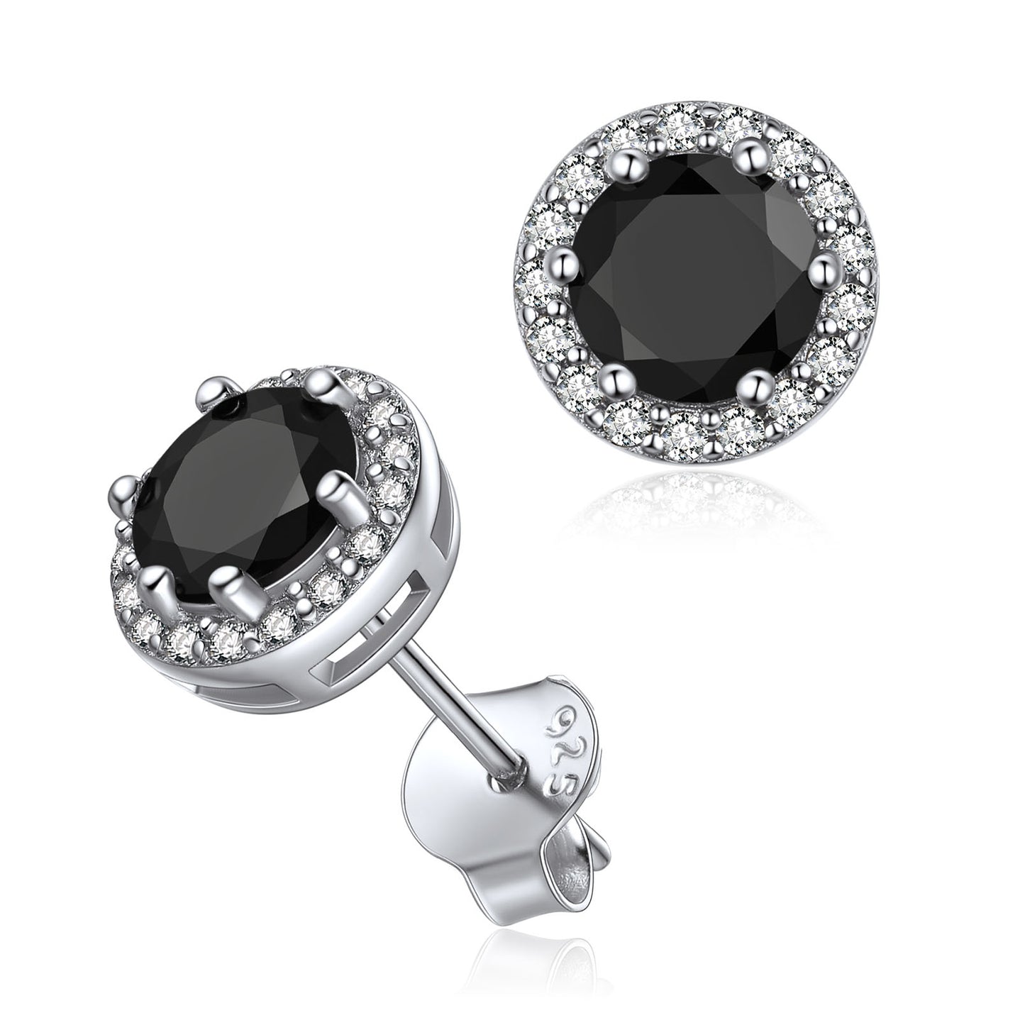 Sterling Silver Black Stone Cubic Zirconia Halo Stud Earrings