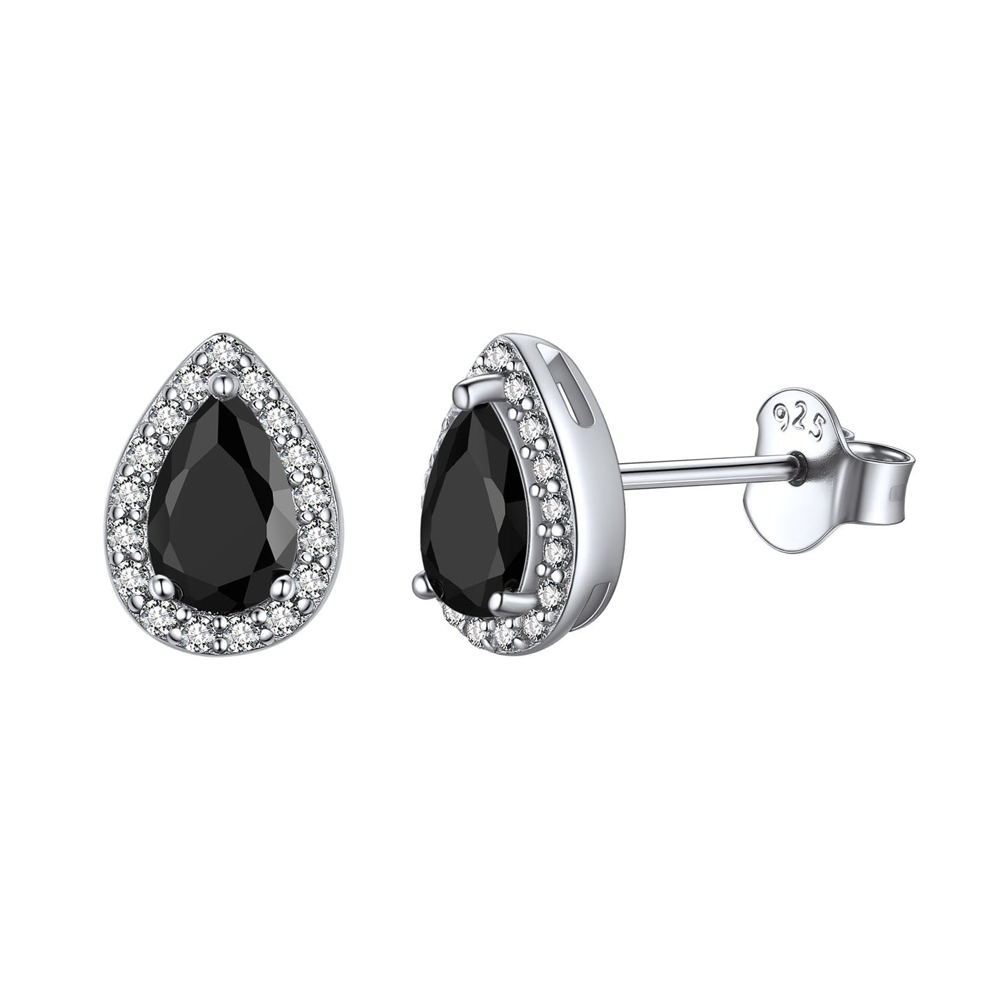 Sterling Silver Black Cubic Zirconia Teardrop Halo Stud Earrings