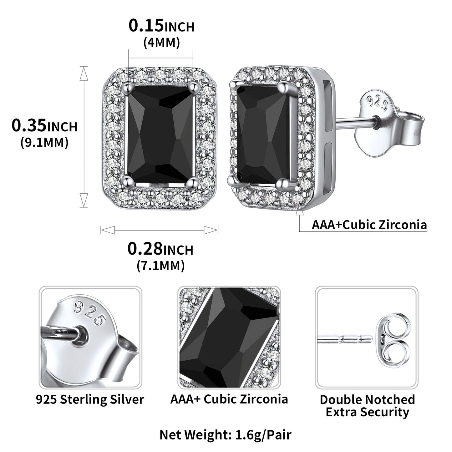 Sterling Silver Black Cubic Zirconia Square Halo Stud Earrings
