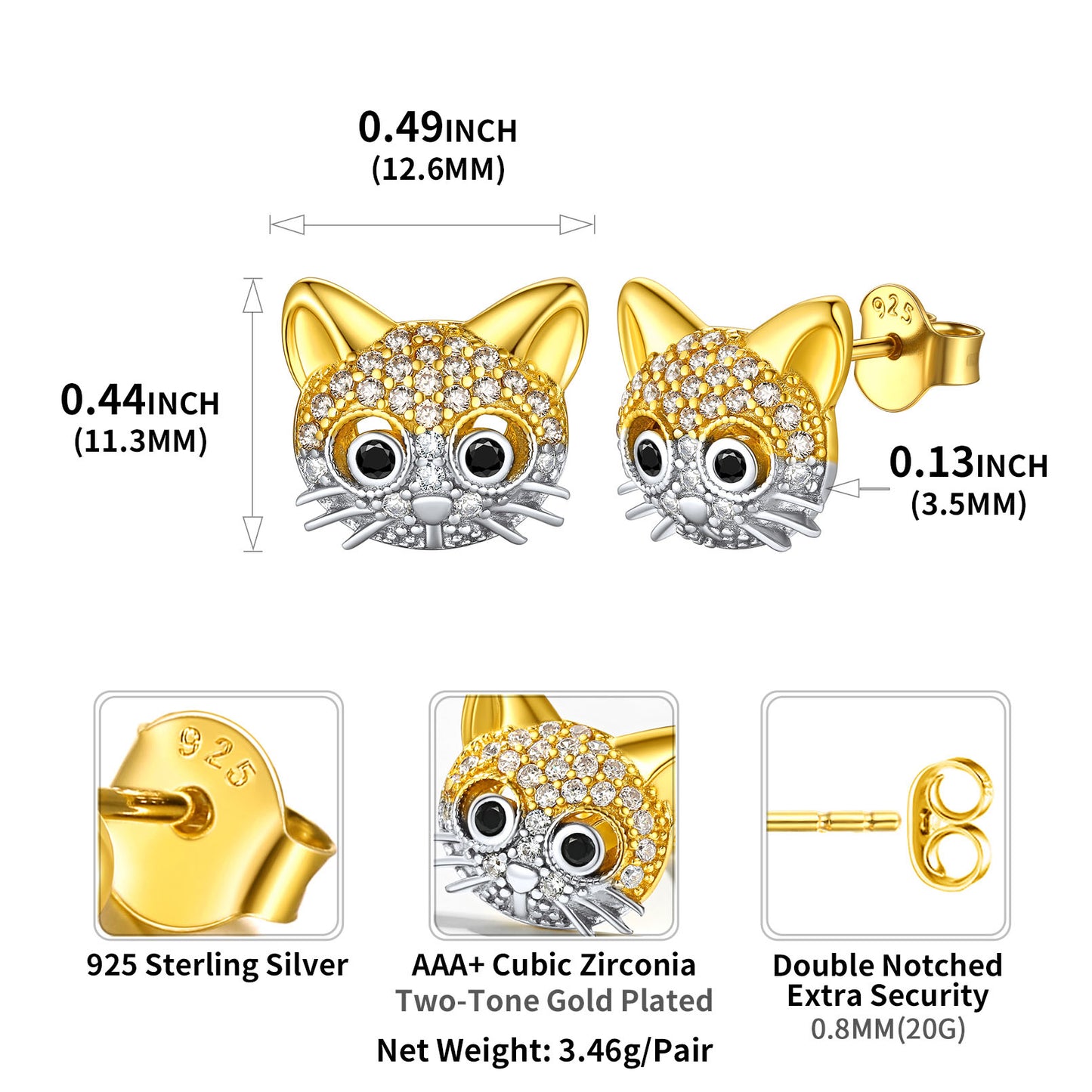 Sterling Silver Cubic Zirconia Cat Stud Earrings