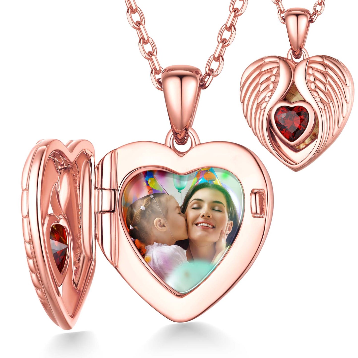 Sterling Silver Photo Necklace Angel Wings Heart Birthstone Locket