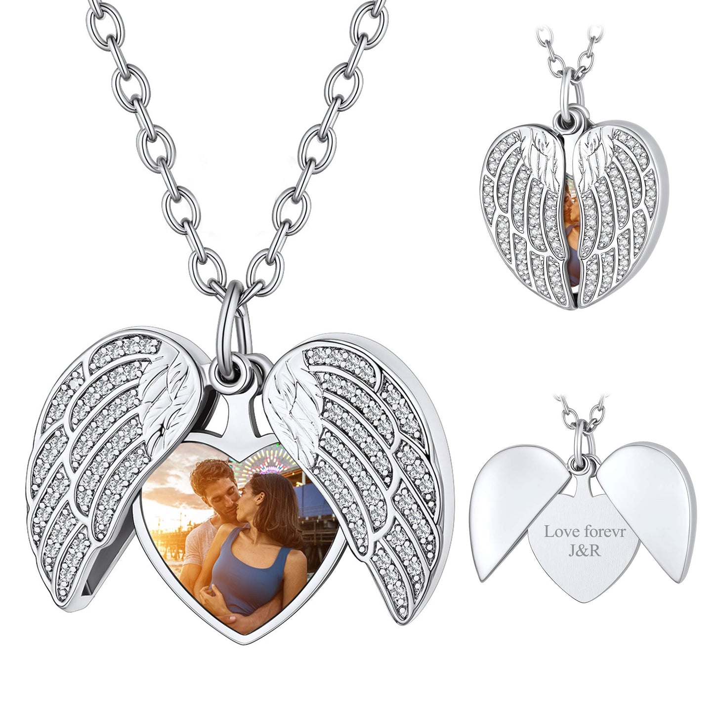 Customized Angel Wings Heart Locket Necklace with Picture