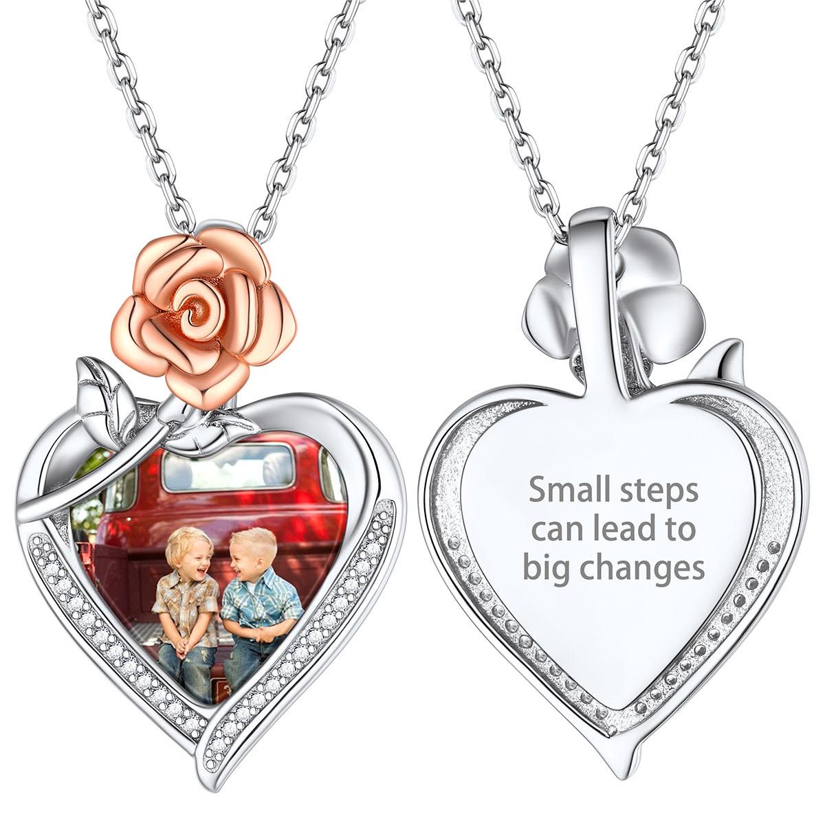 Personalized Heart Photo Necklace With Rose