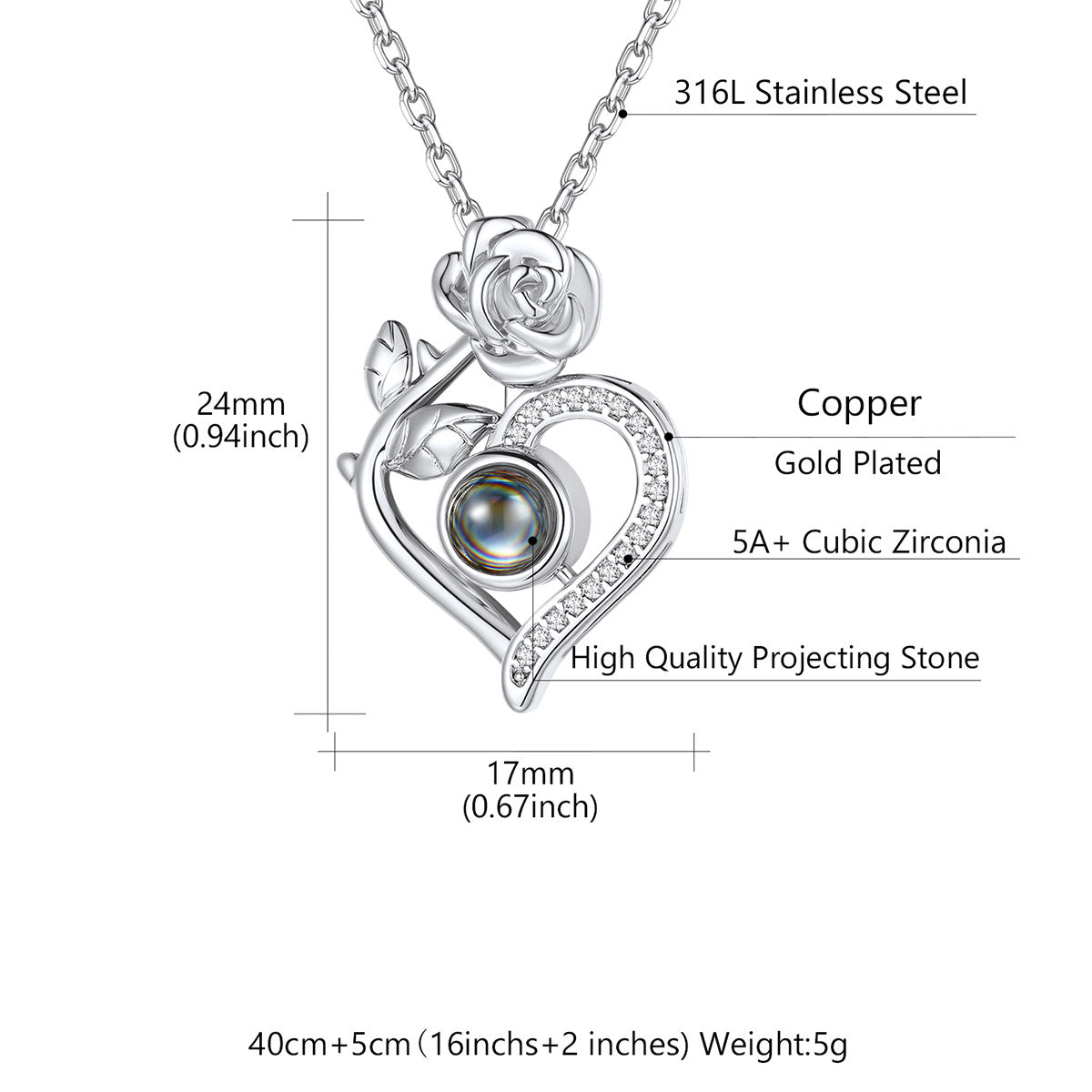 Custom Rose Heart Photo Projection Necklace for Women