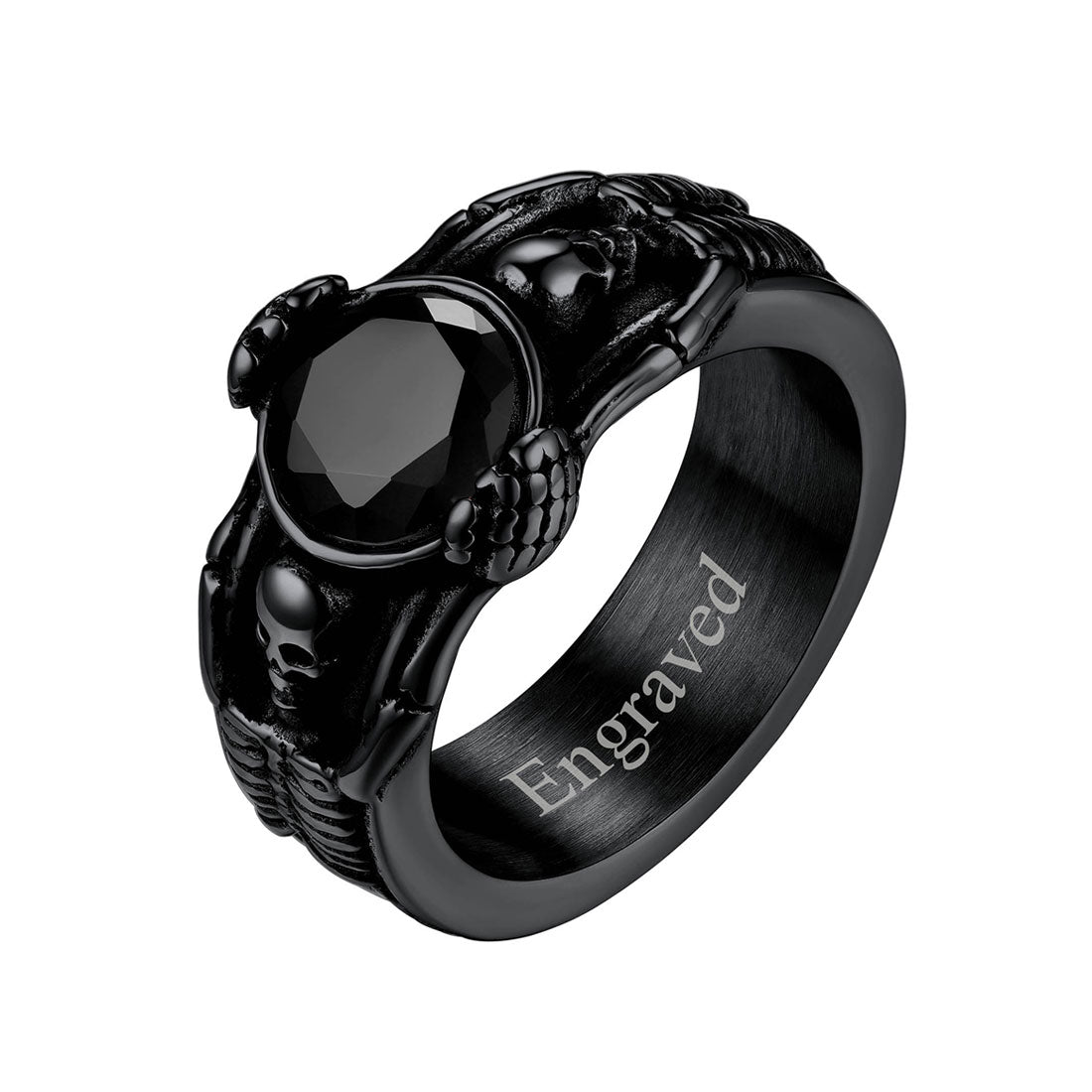 Engraving Black Onyx Skull Band Ring for Men Black Plated
