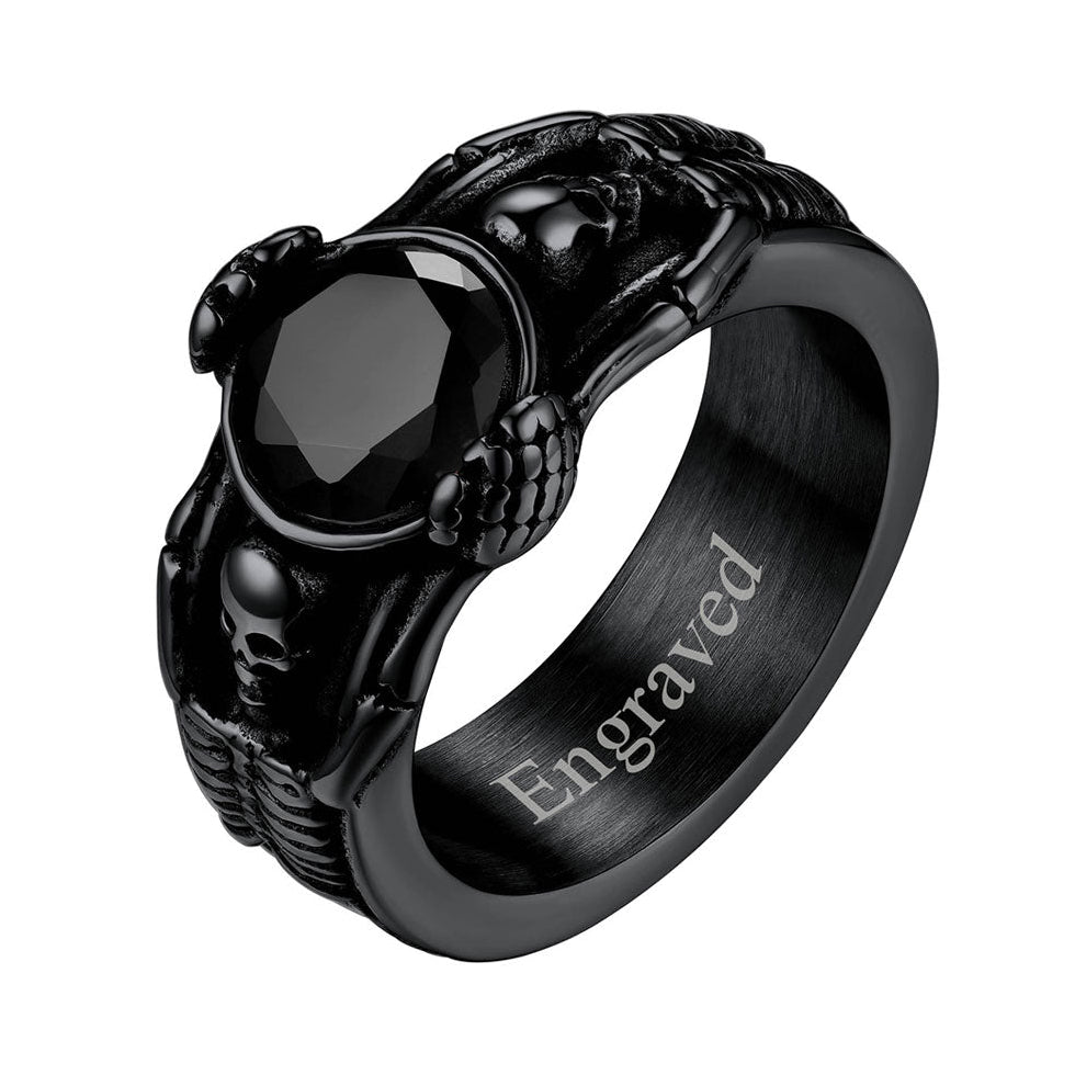 Engraving Black Onyx Skull Band Ring for Men Black Plated