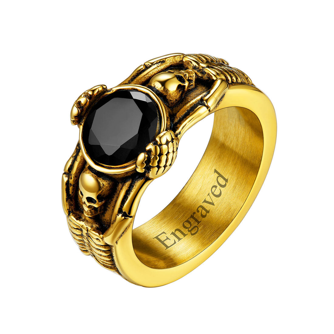 Engraving Black Onyx Skull Band Ring for Men Gold Plated