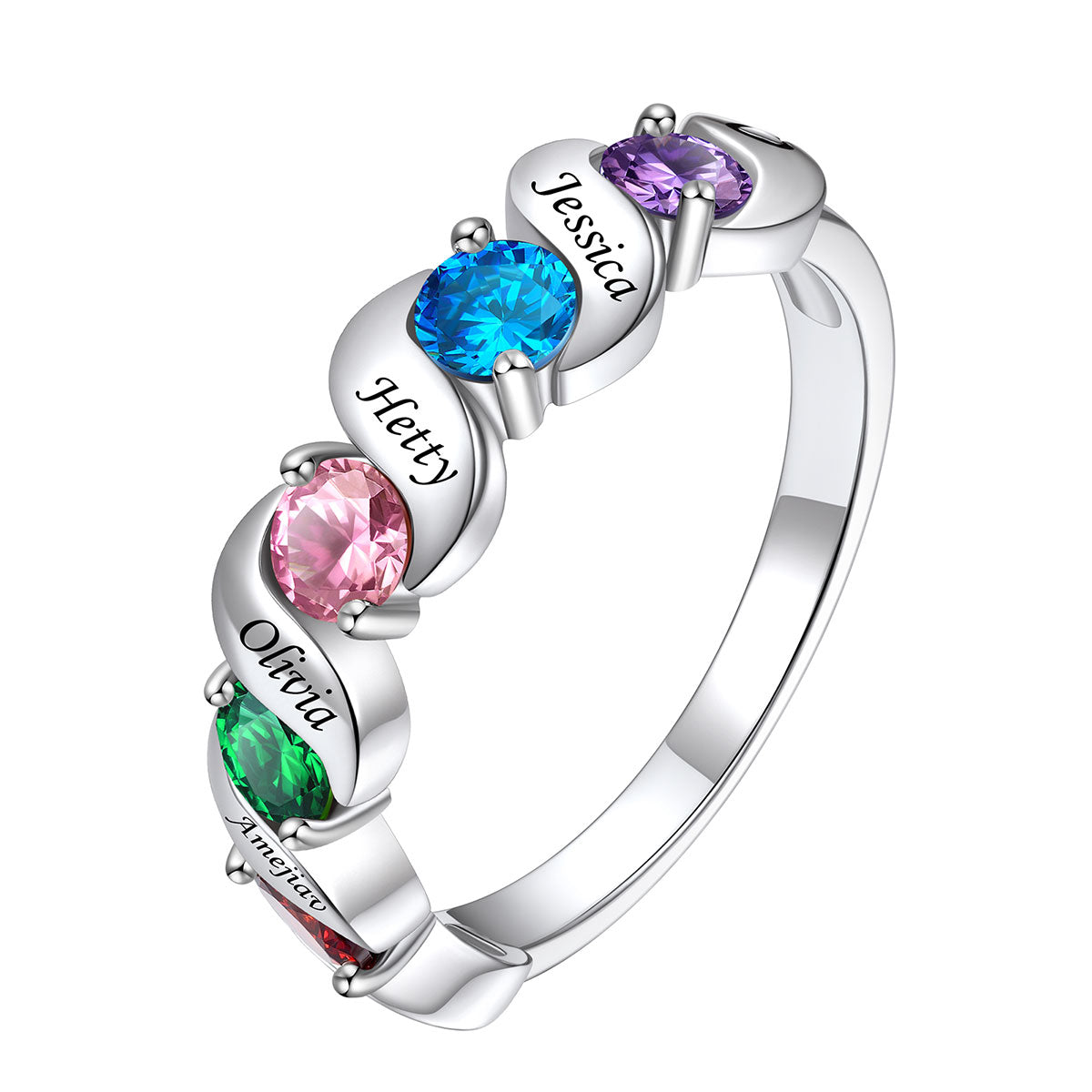 Personalized Engraved Mothers Birthstone Ring with Names in Sterling Silver
