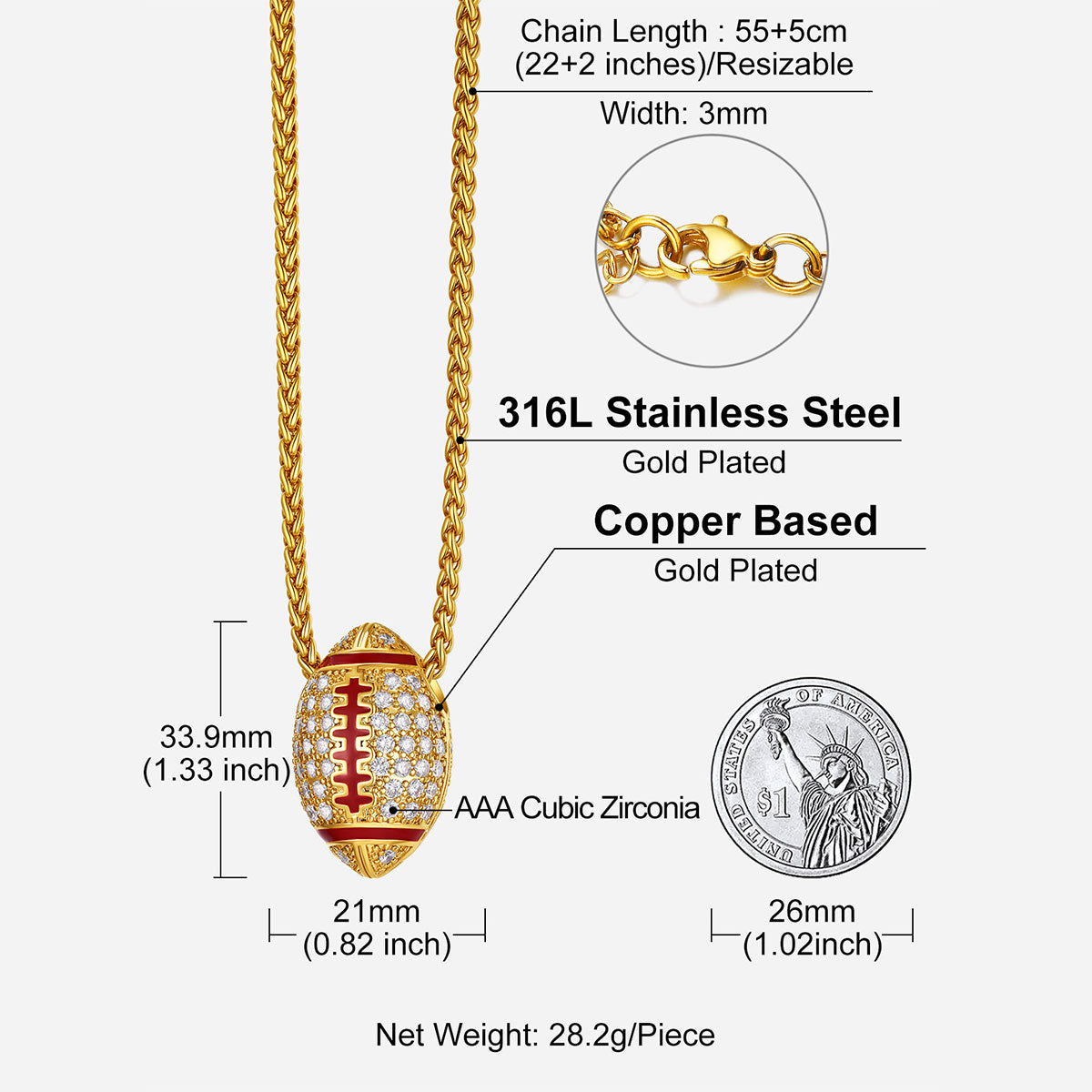 CZ Gold Rugby Necklaces Dimension, Durable