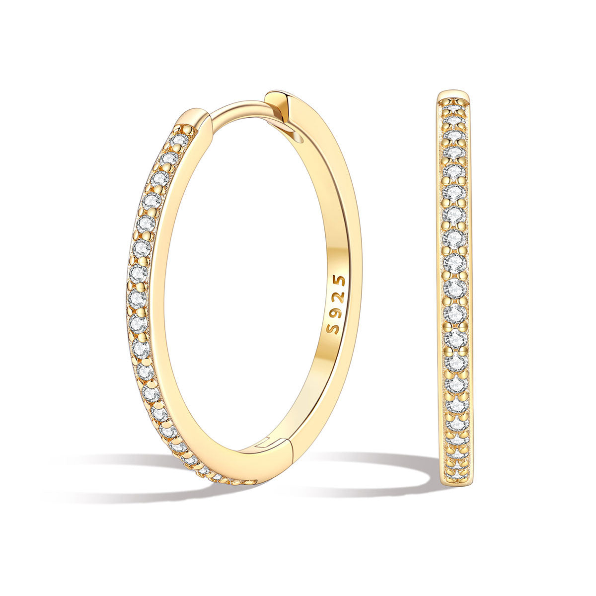 CZ Gold hoop earrings with embedded diamonds on a white background
