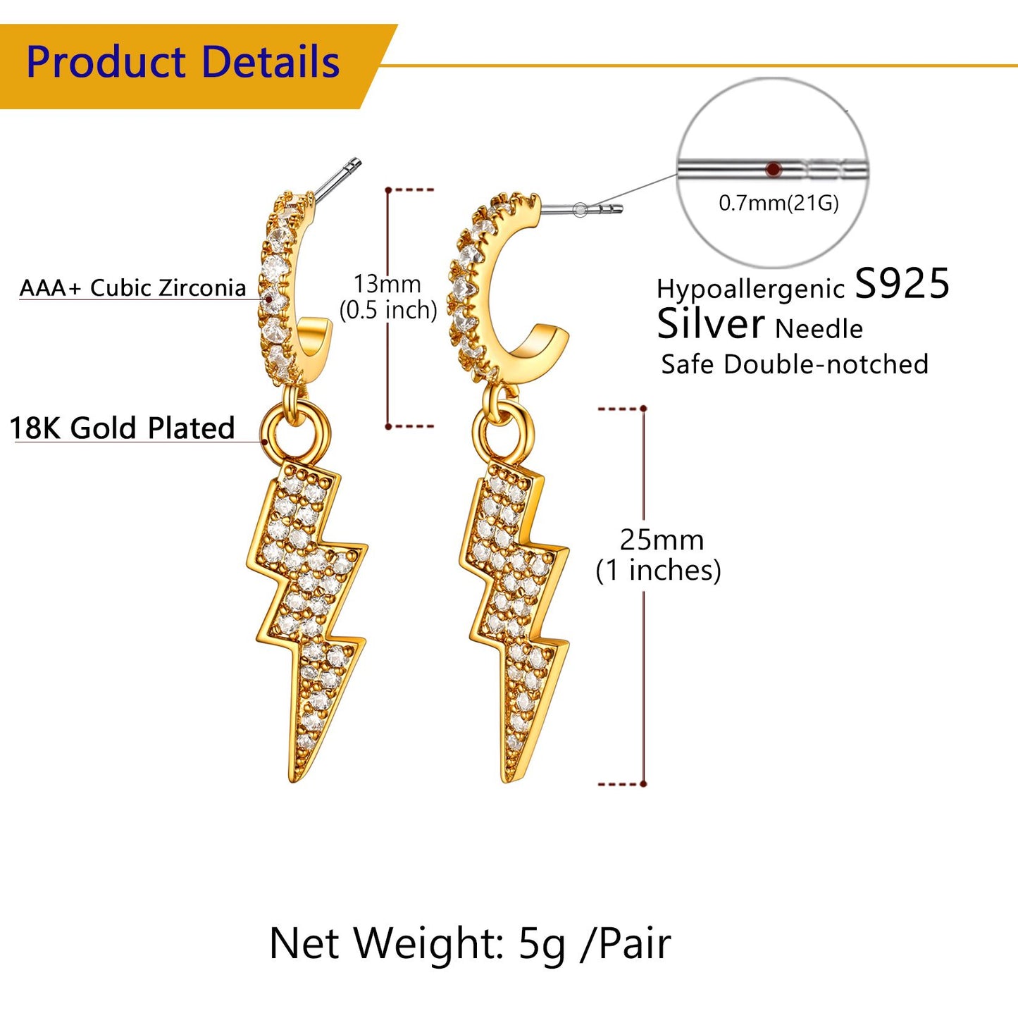 CZ Lightning Bolt Dangle Earrings: Dimension, Hypoallergenic