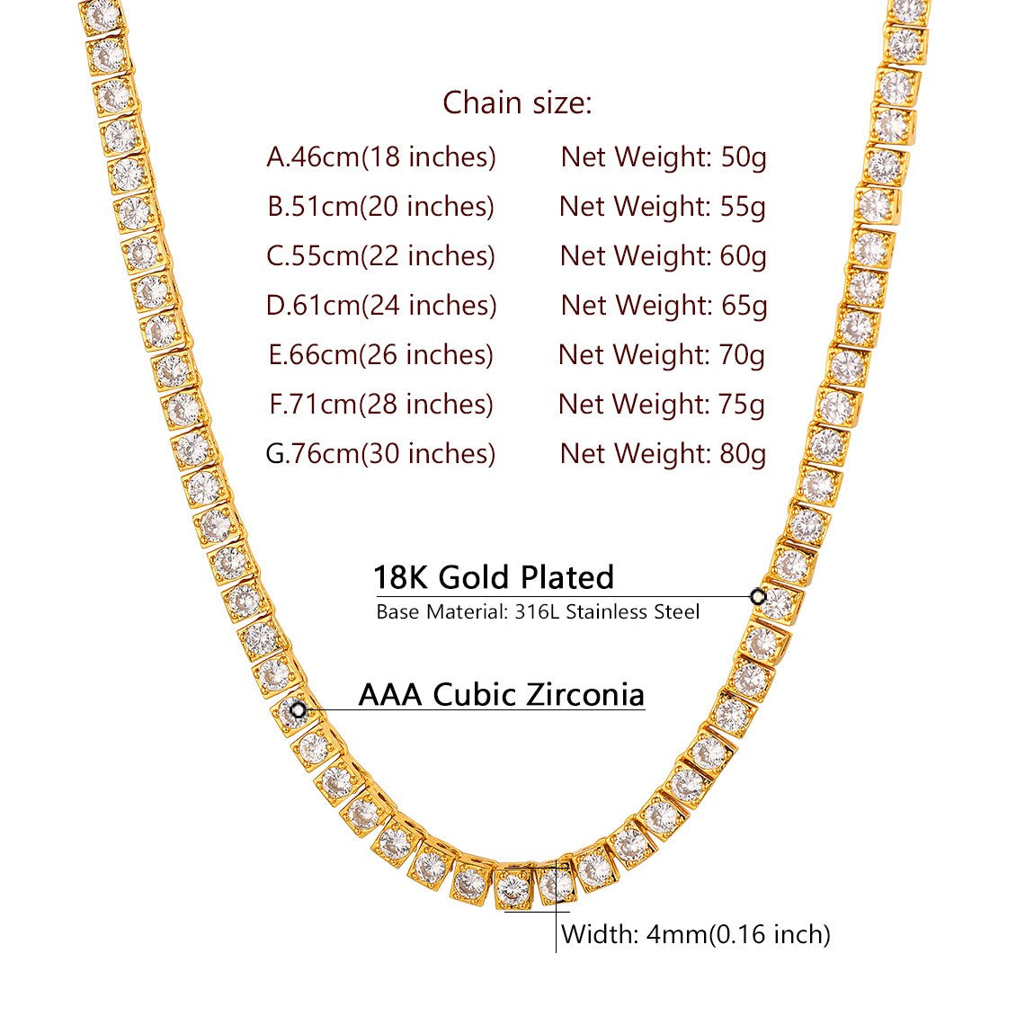 Classic Cubic Zirconia Tennis Necklace Dimension, Durable,Solid